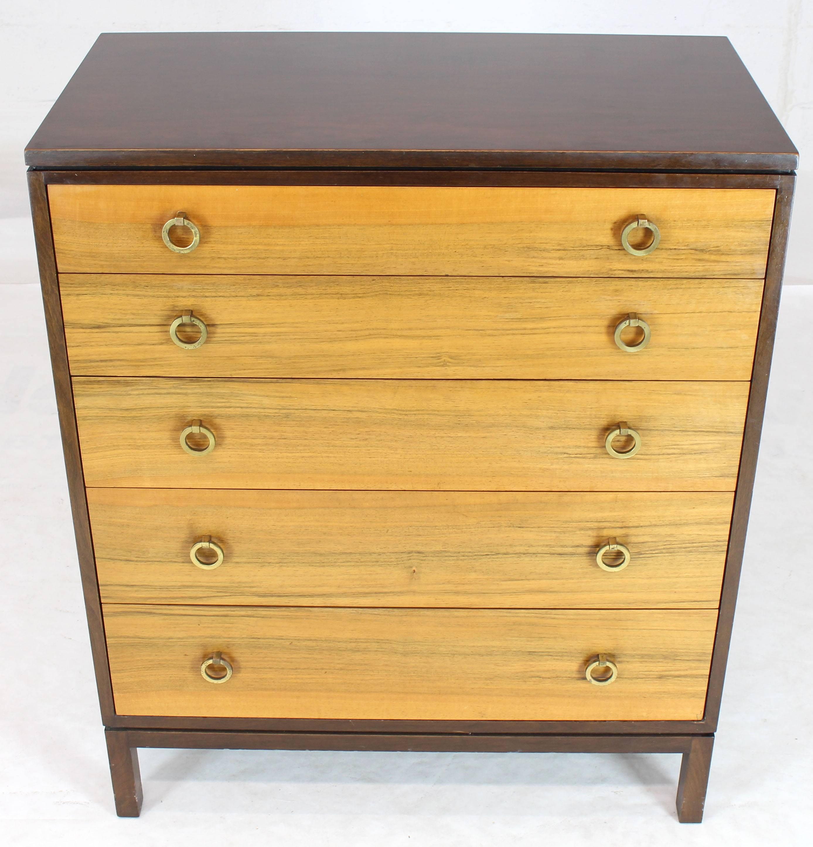 20th Century Dunbar Rosewood High Chest with Brass Ring Drop Pulls For Sale