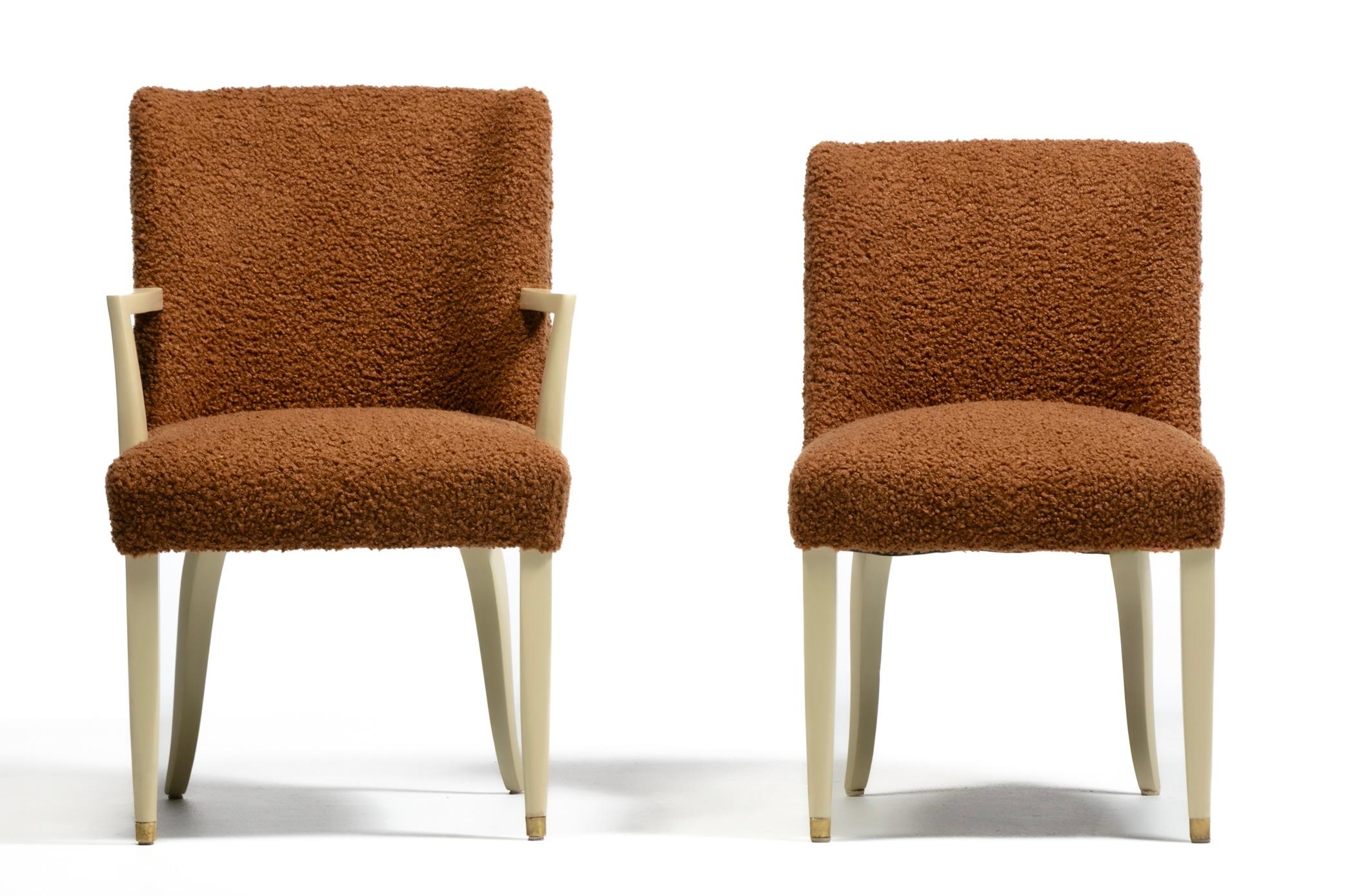 Elegance and sophistication emanate from this sexy set of 10 mid century modern dining chairs hailing from the 1940s by top furniture maker Dunbar and designer Edward Wormley. Luxurious and chic mid century modern dining chairs with an upper crust