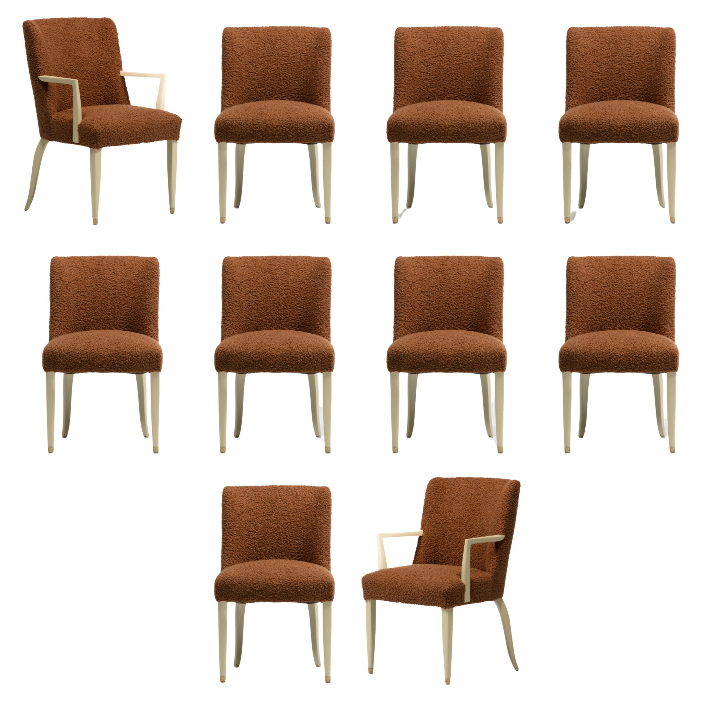 Dunbar Set of 10 Dining Chairs with Bleached Mahogany Frames & Cocoa Bouclé For Sale