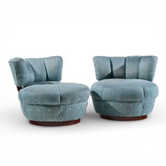 Dunbar Style Mid Century Swivel Pouf Lounge Chairs - Pair