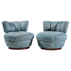 Dunbar Style Mid Century Swivel Pouf Lounge Chairs - Pair