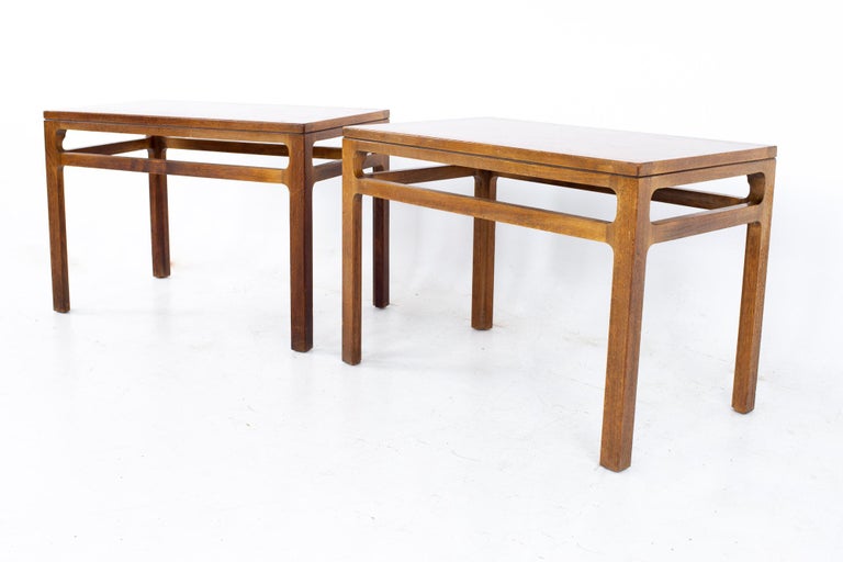 Dunbar style Mid Century walnut side end tables, a pair
End tables measures: 31.75 wide x 18.75 deep x 22.25 inches high

All pieces of furniture can be had in what we call restored vintage condition. That means the piece is restored upon