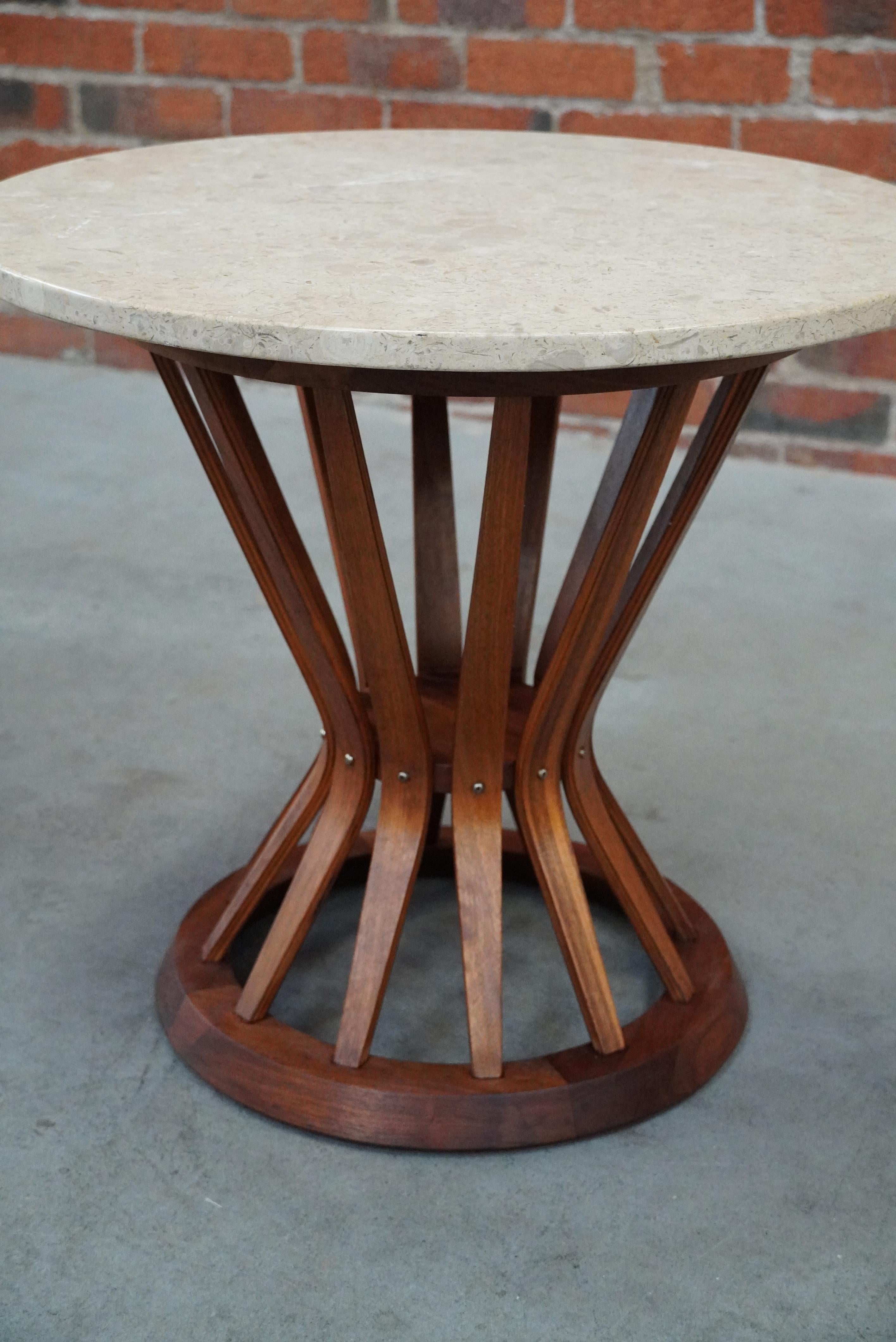 Mid-Century Modern Dunbar Style Sheaf of Wheat Side Table in Walnut and Travertine For Sale