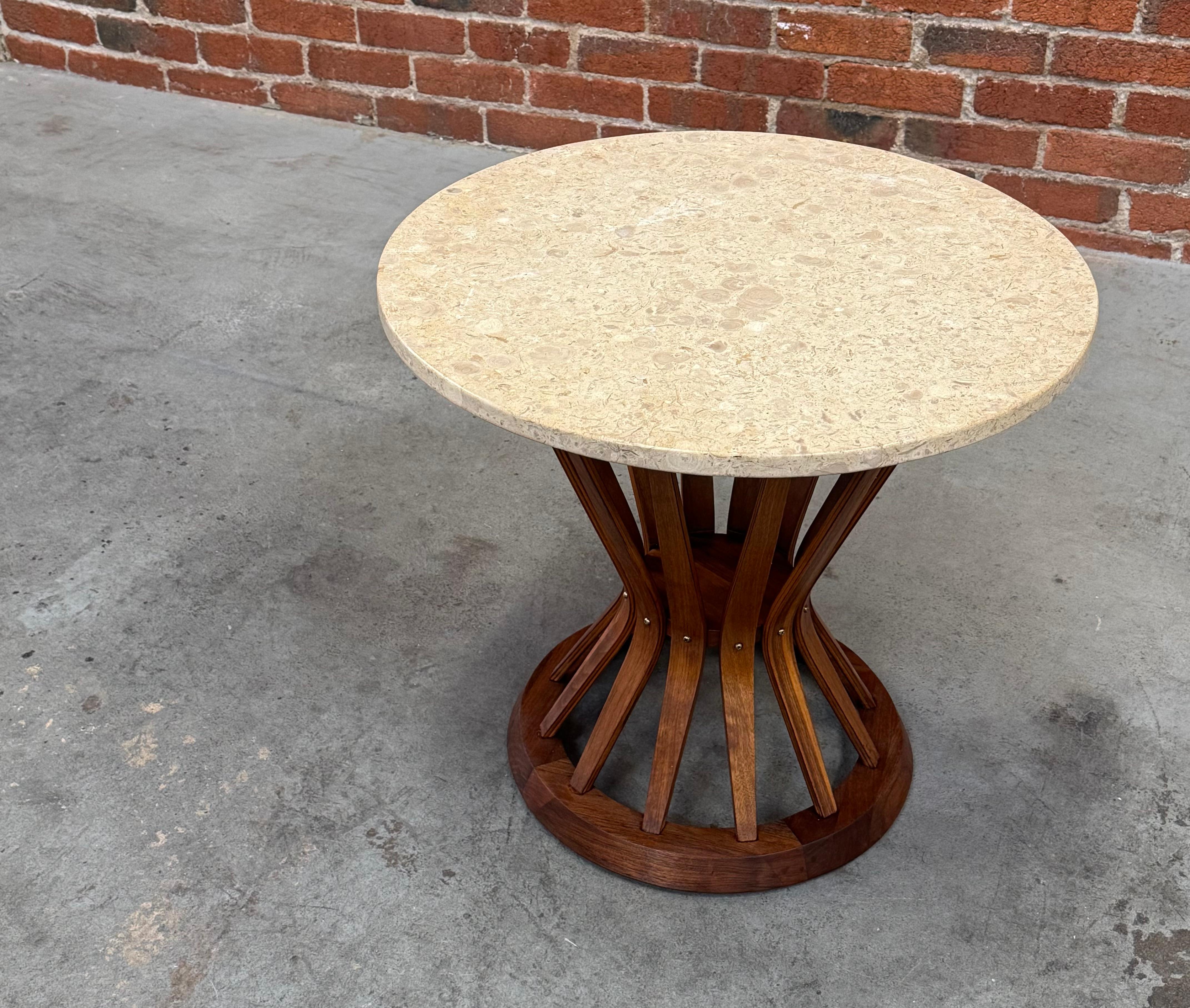 American Dunbar Style Sheaf of Wheat Side Table in Walnut and Travertine For Sale