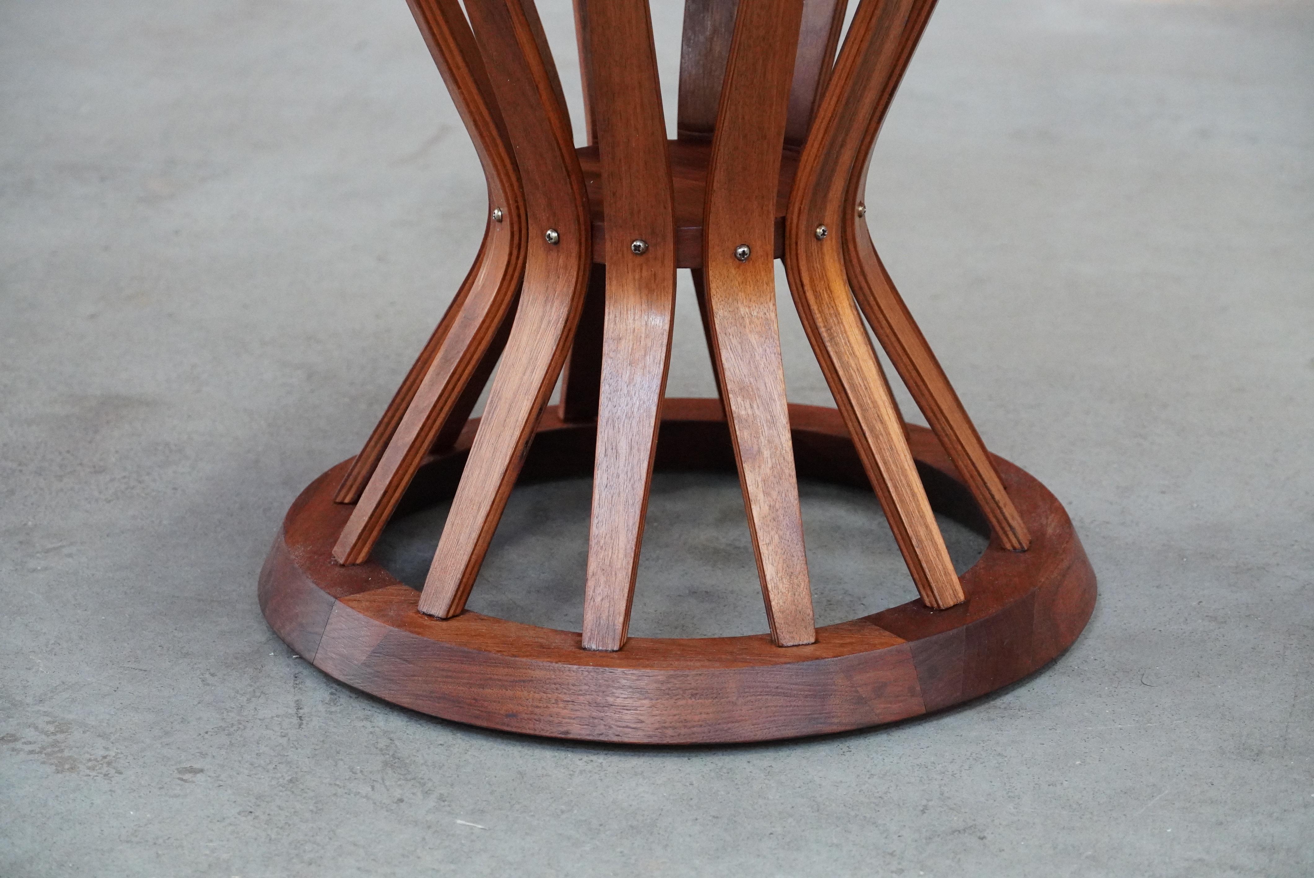 Machine-Made Dunbar Style Sheaf of Wheat Side Table in Walnut and Travertine For Sale