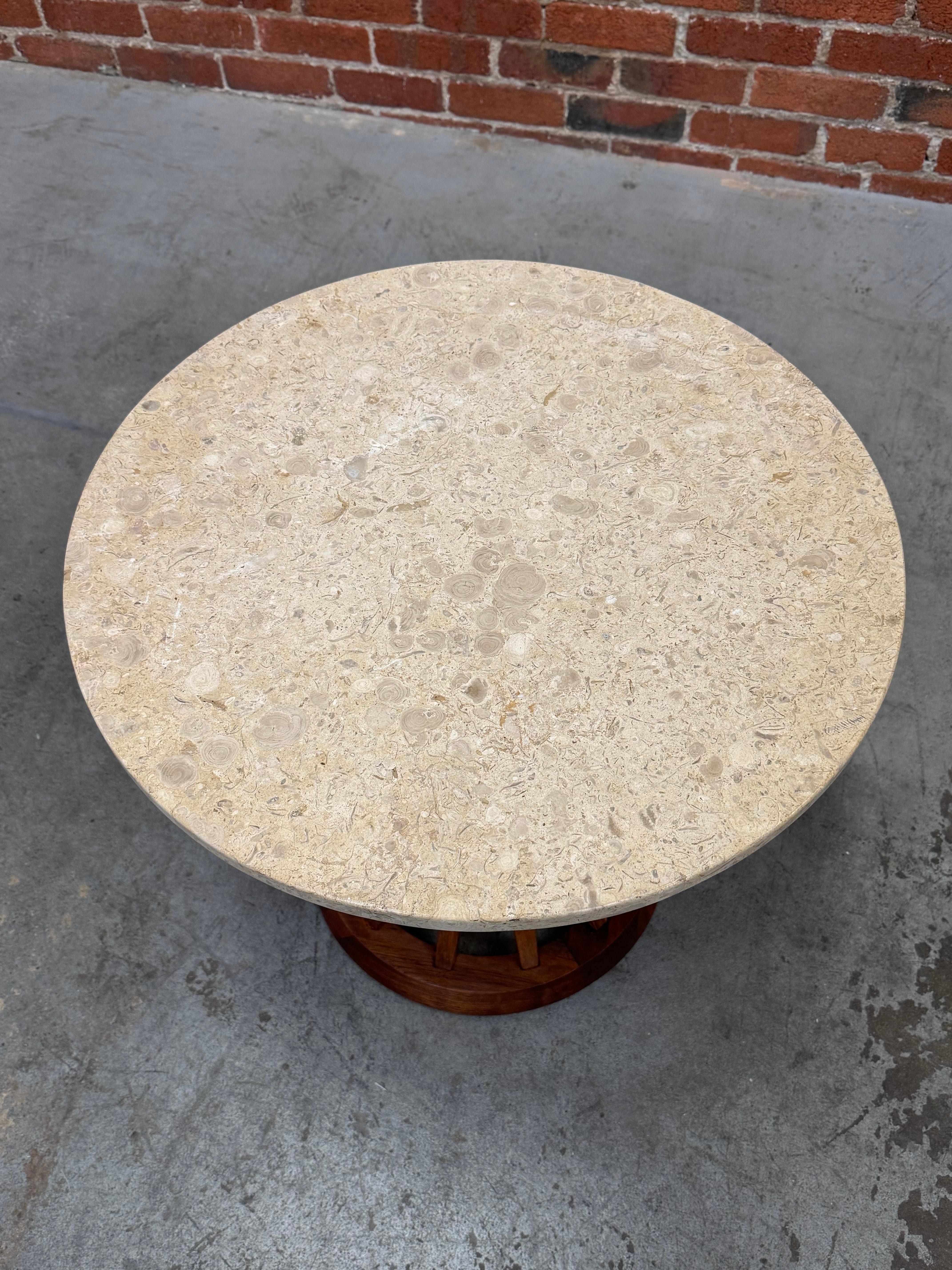 Dunbar Style Sheaf of Wheat Side Table in Walnut and Travertine In Good Condition For Sale In Oakland, CA