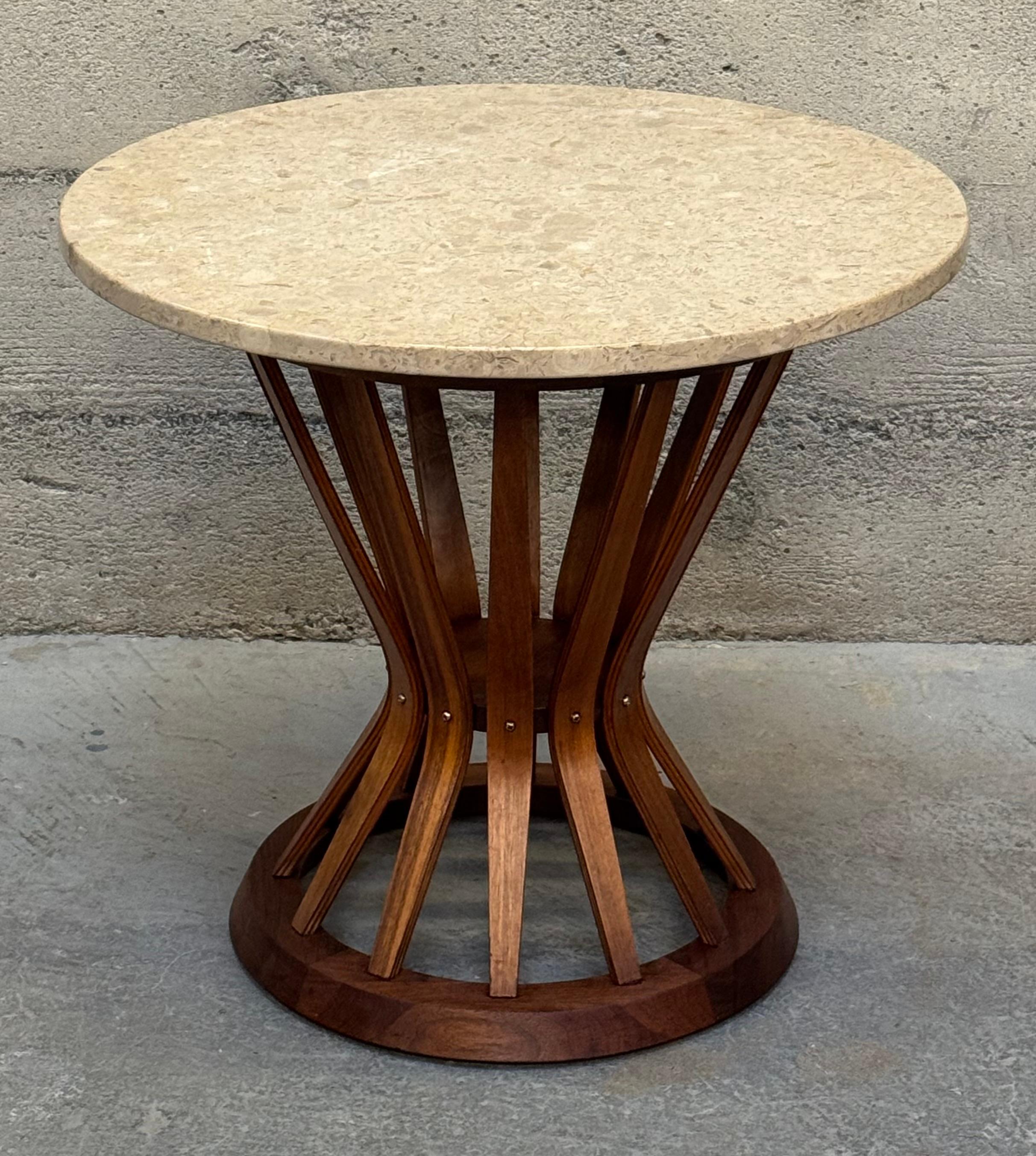 Dunbar Style Sheaf of Wheat Side Table in Walnut and Travertine For Sale 1