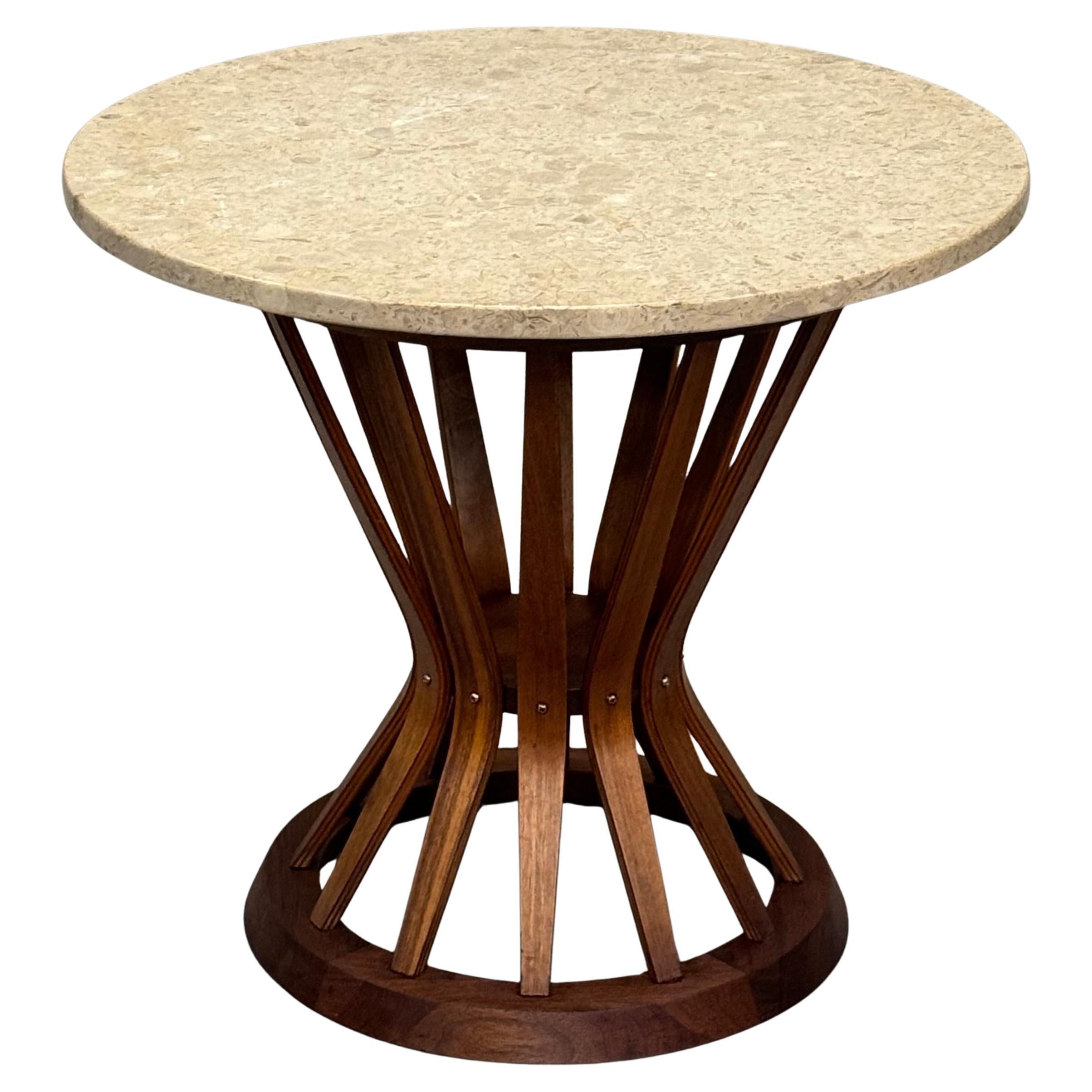 Dunbar Style Sheaf of Wheat Side Table in Walnut and Travertine For Sale