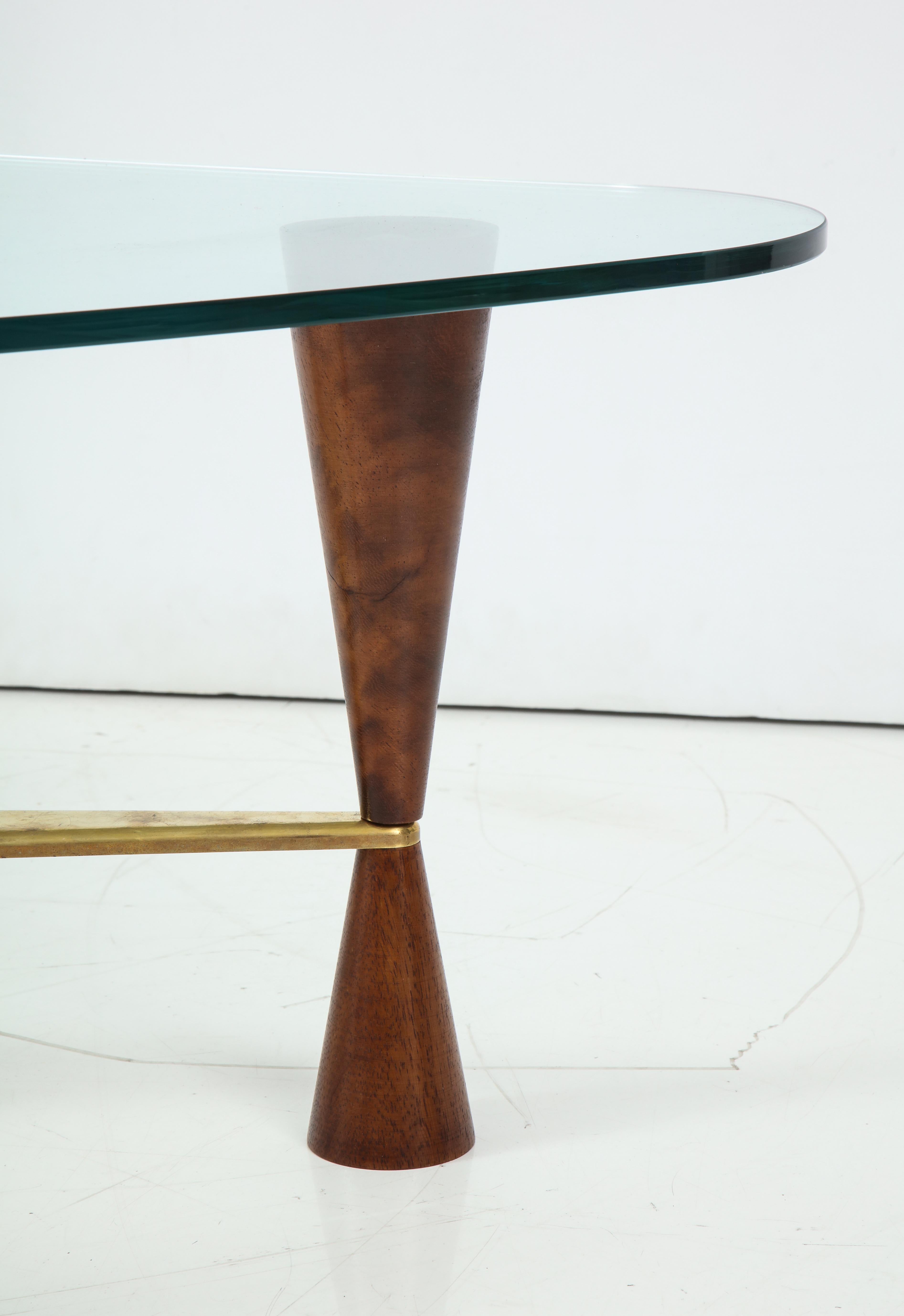 Mid-Century Modern Dunbar Style Walnut, Brass and Glass Shaped Cocktail or Coffee Table