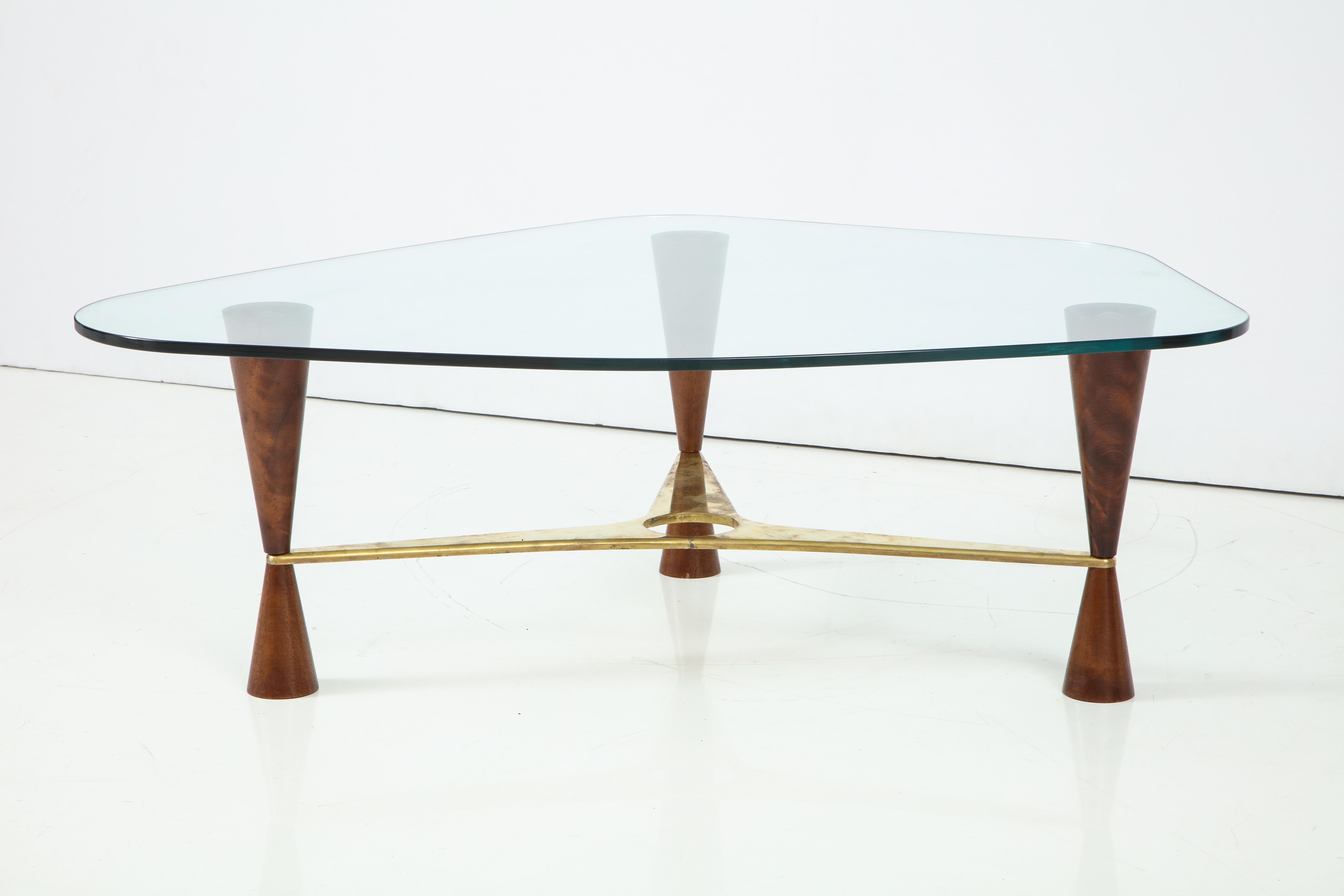 Mid-20th Century Dunbar Style Walnut, Brass and Glass Shaped Cocktail or Coffee Table