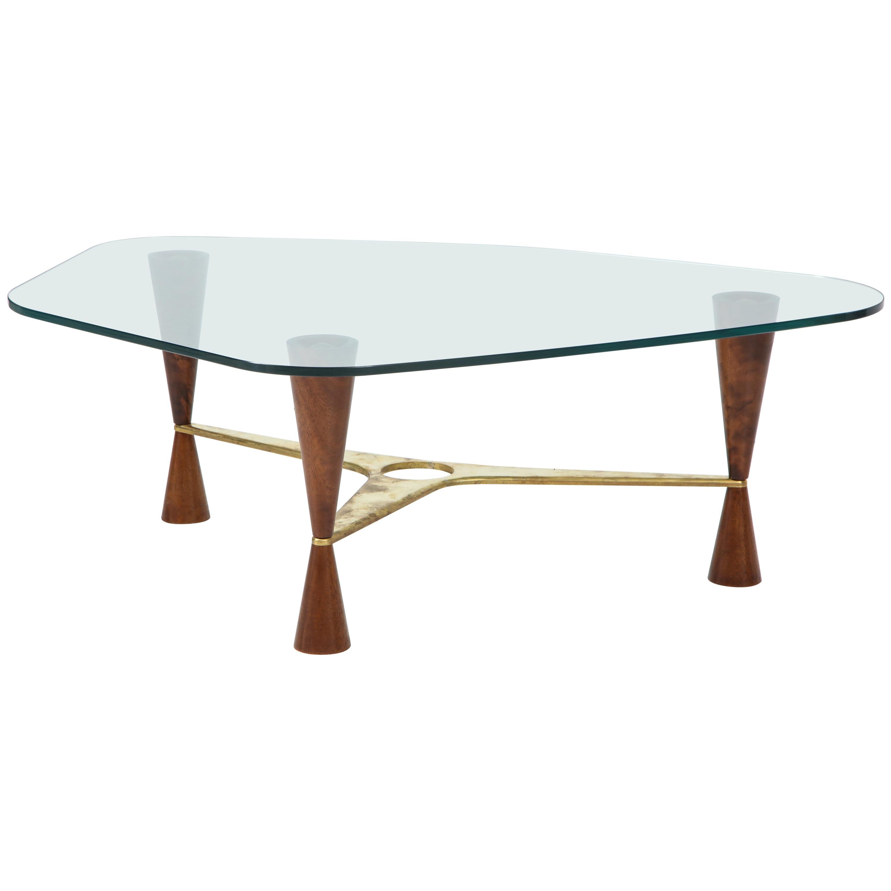 Dunbar Style Walnut, Brass and Glass Shaped Cocktail or Coffee Table
