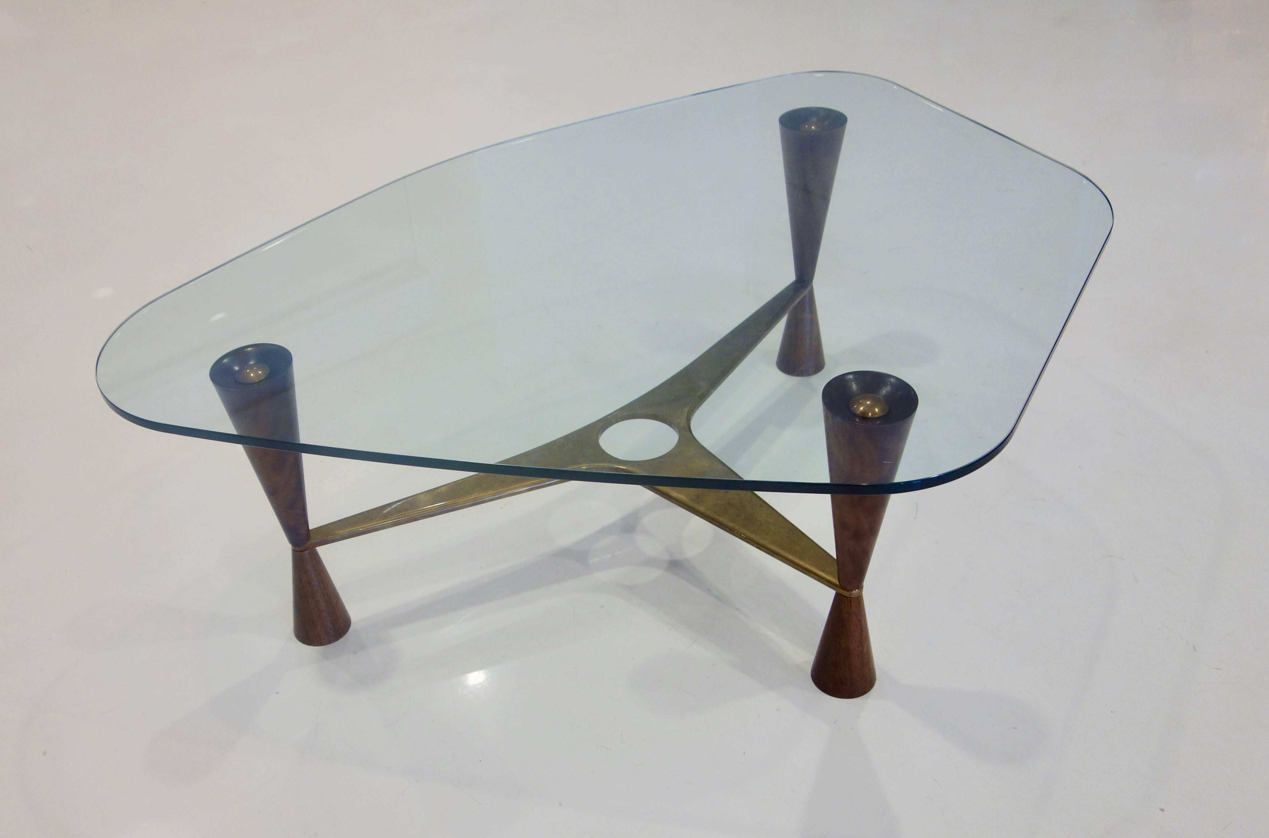 Dunbar Style Walnut, Brass and Glass Shaped Cocktail Table, Pair Available In Excellent Condition In New York, NY