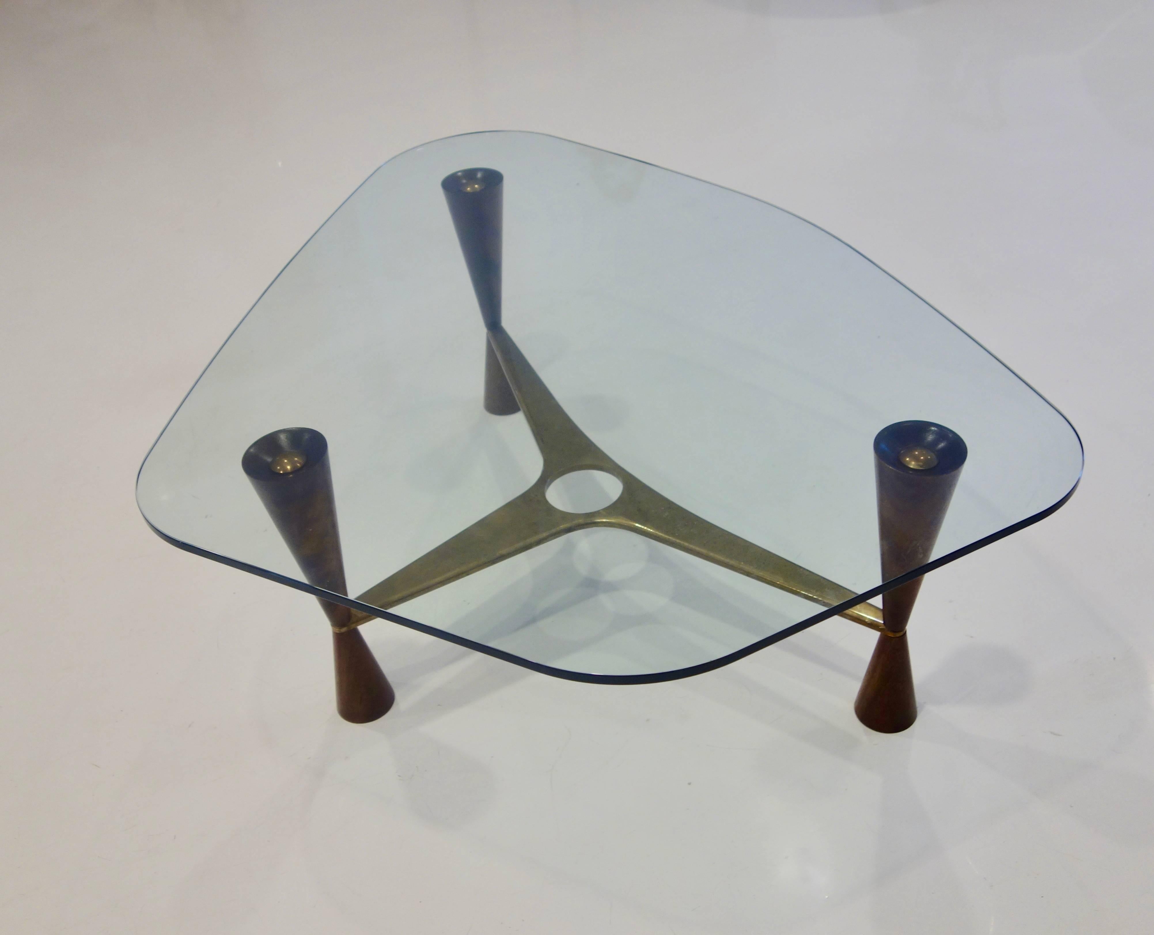 Mid-20th Century Dunbar Style Walnut, Brass and Glass Shaped Cocktail Table, Pair Available