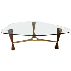 Dunbar Style Walnut, Brass and Glass Shaped Cocktail Table, Pair Available