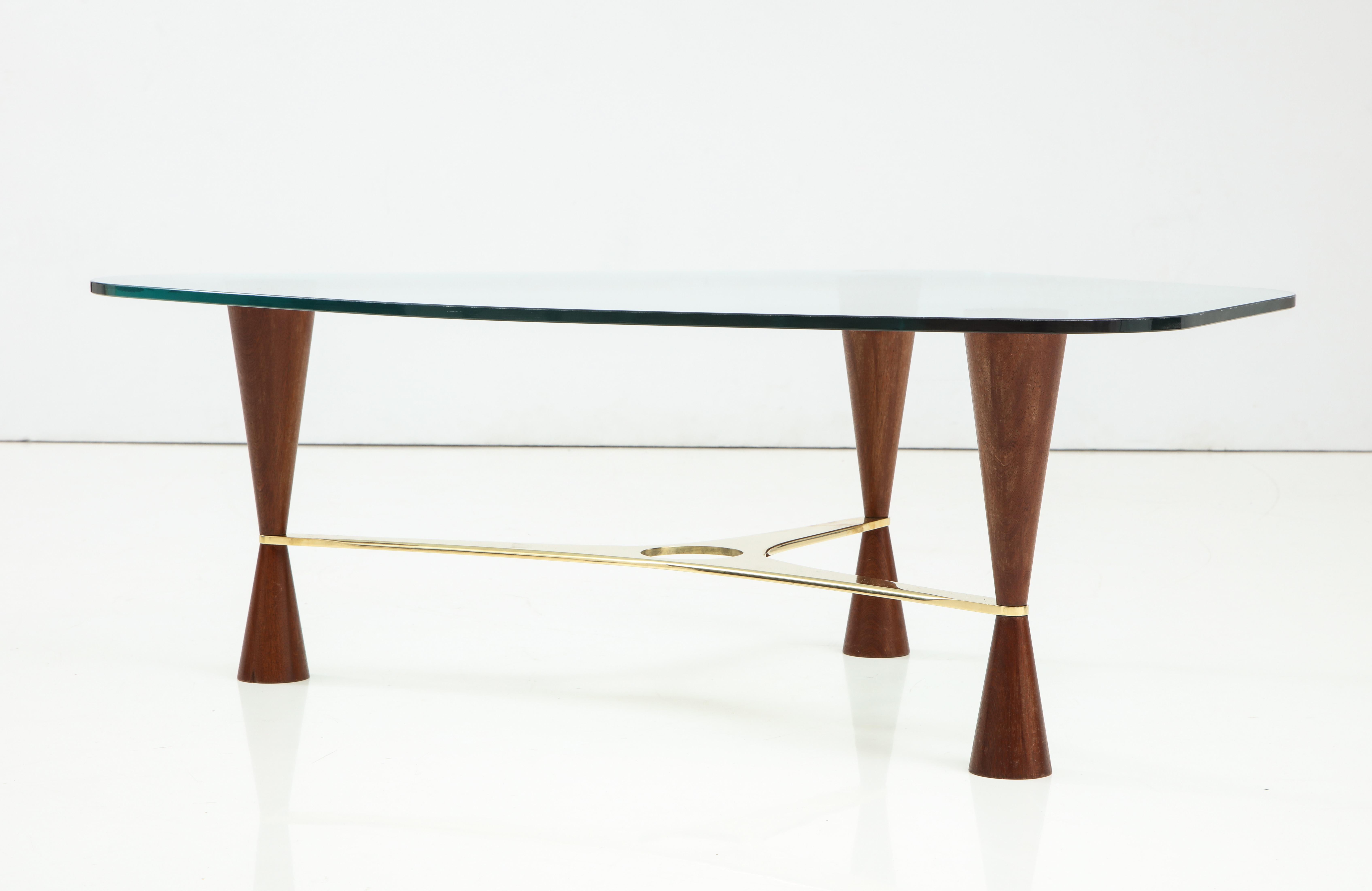 Mid-Century Modern Italian Contemporary Walnut Brass & Glass Cocktail Table