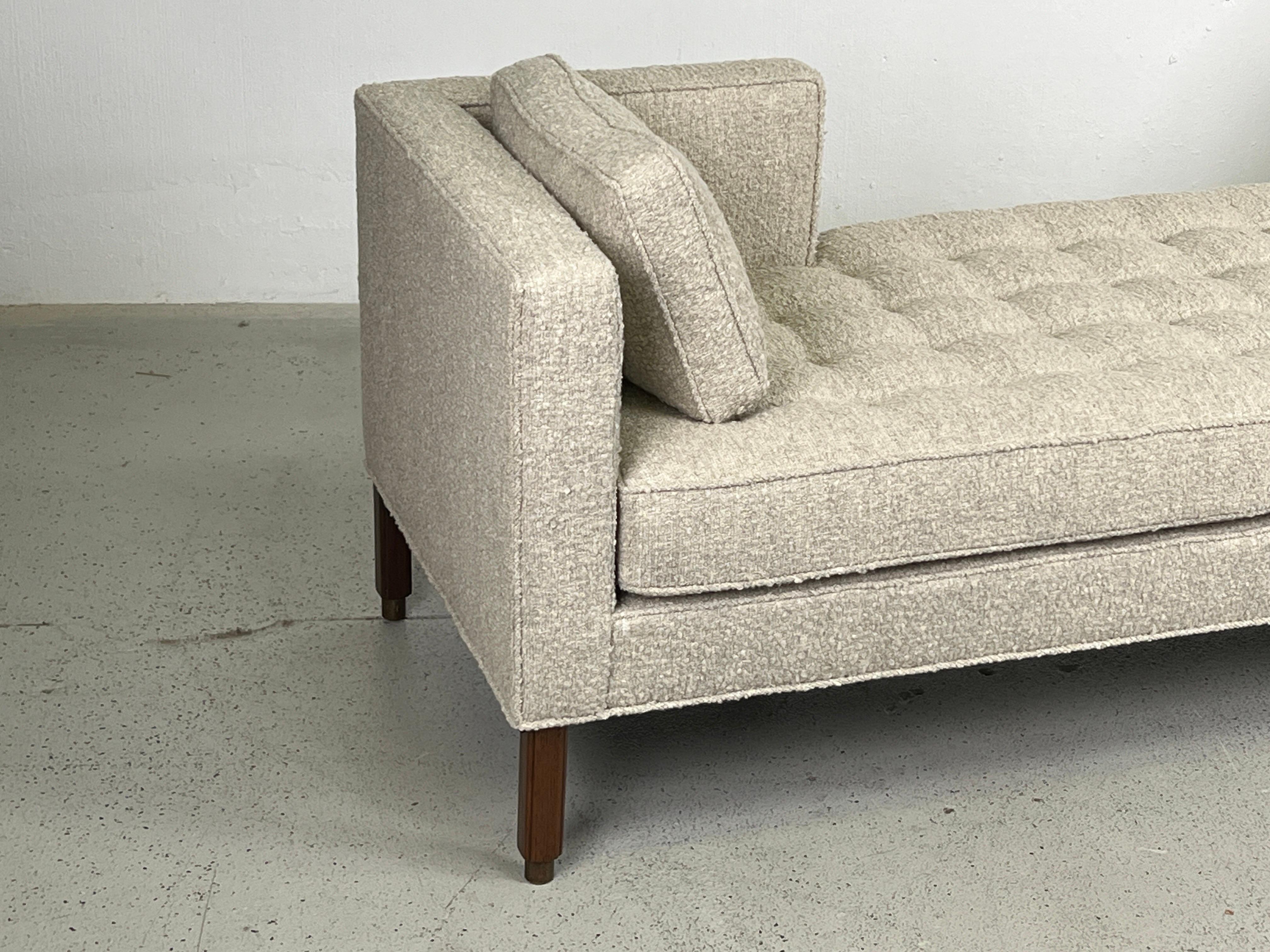 Tete-a-Tete sofa / daybed with walnut base and brass feet. Reupholstered in Holly hunt / Teton / Cliffside fabric. Designed by Edward Wormley for Dunbar.