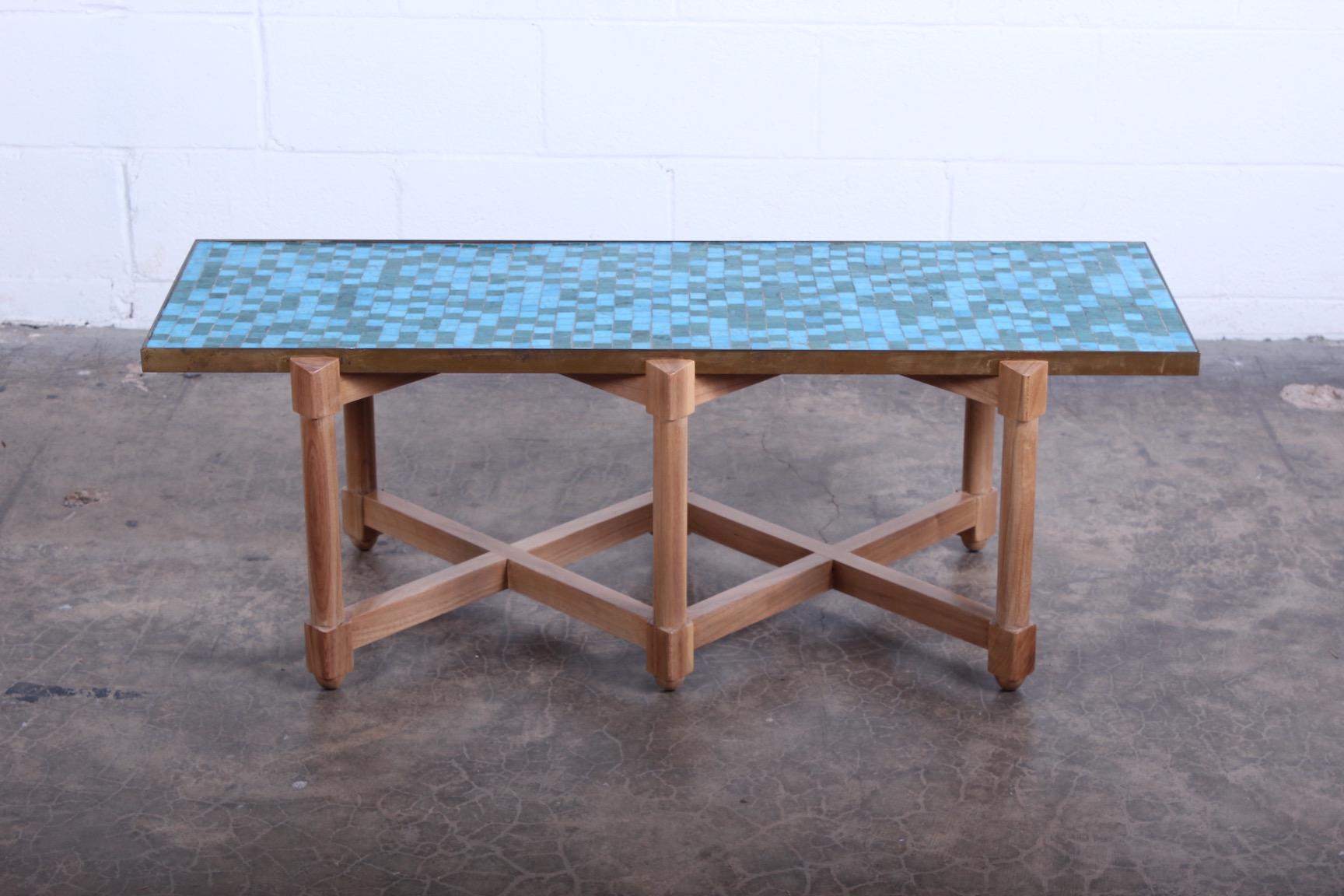 A Murano glass tile top table on bleached mahogany base. Designed by Edward Wormley for Dunbar.