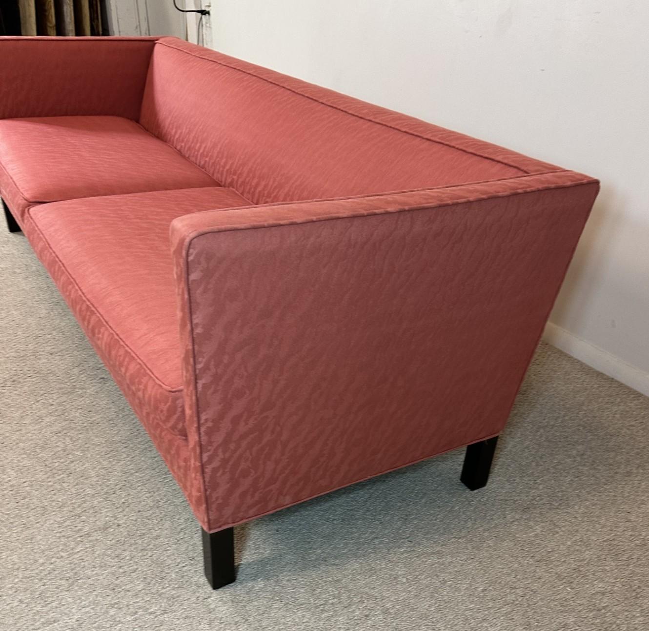 Dunbar Tuxedo Sofa in unique and stylish salmon color. Good shape but could be recovered; has minor sunfade. 84 1/2