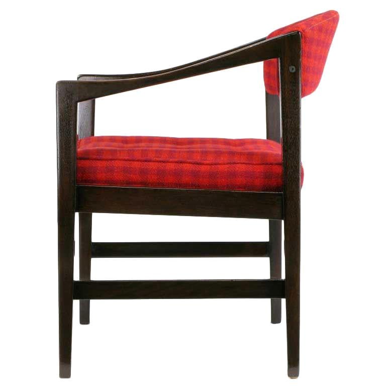 Dunbar Walnut & Crimson Check Upholstered Arm Chair For Sale