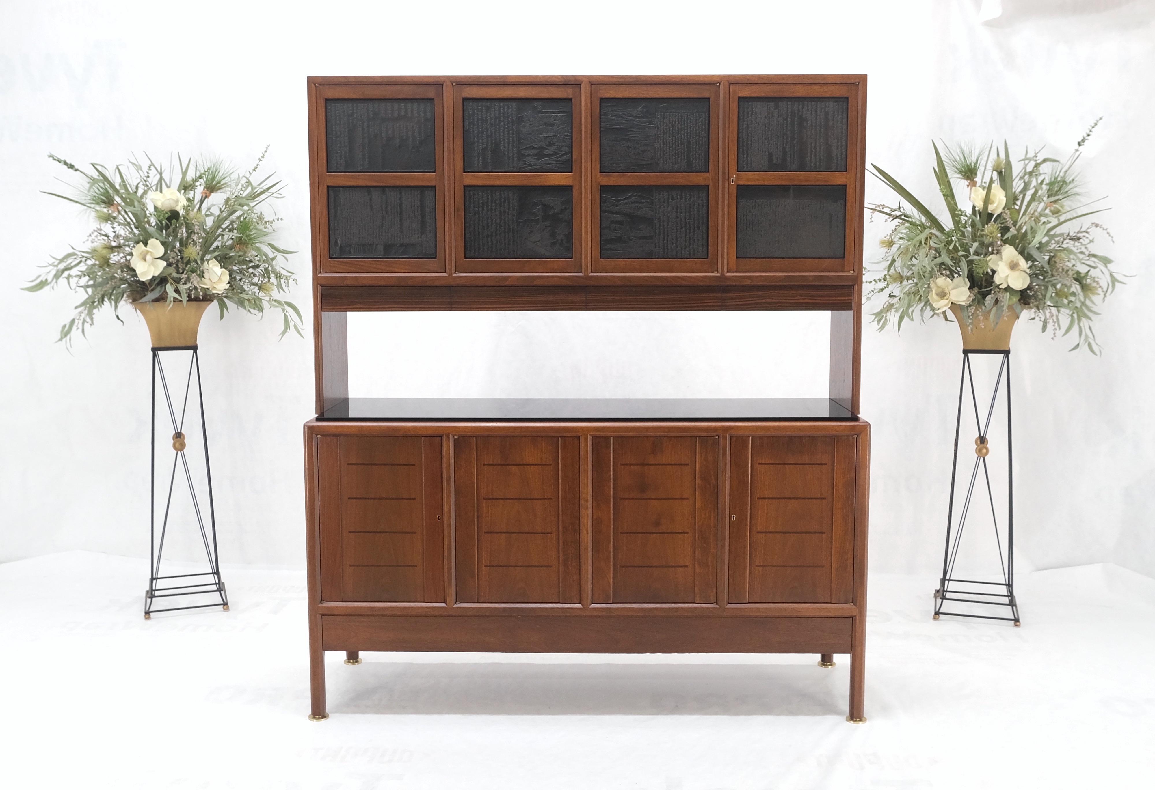Mid-Century Modern Dunbar Walnut Two Part Sideboard Credenza Breakfront Carved Slate Inserts MINT! For Sale
