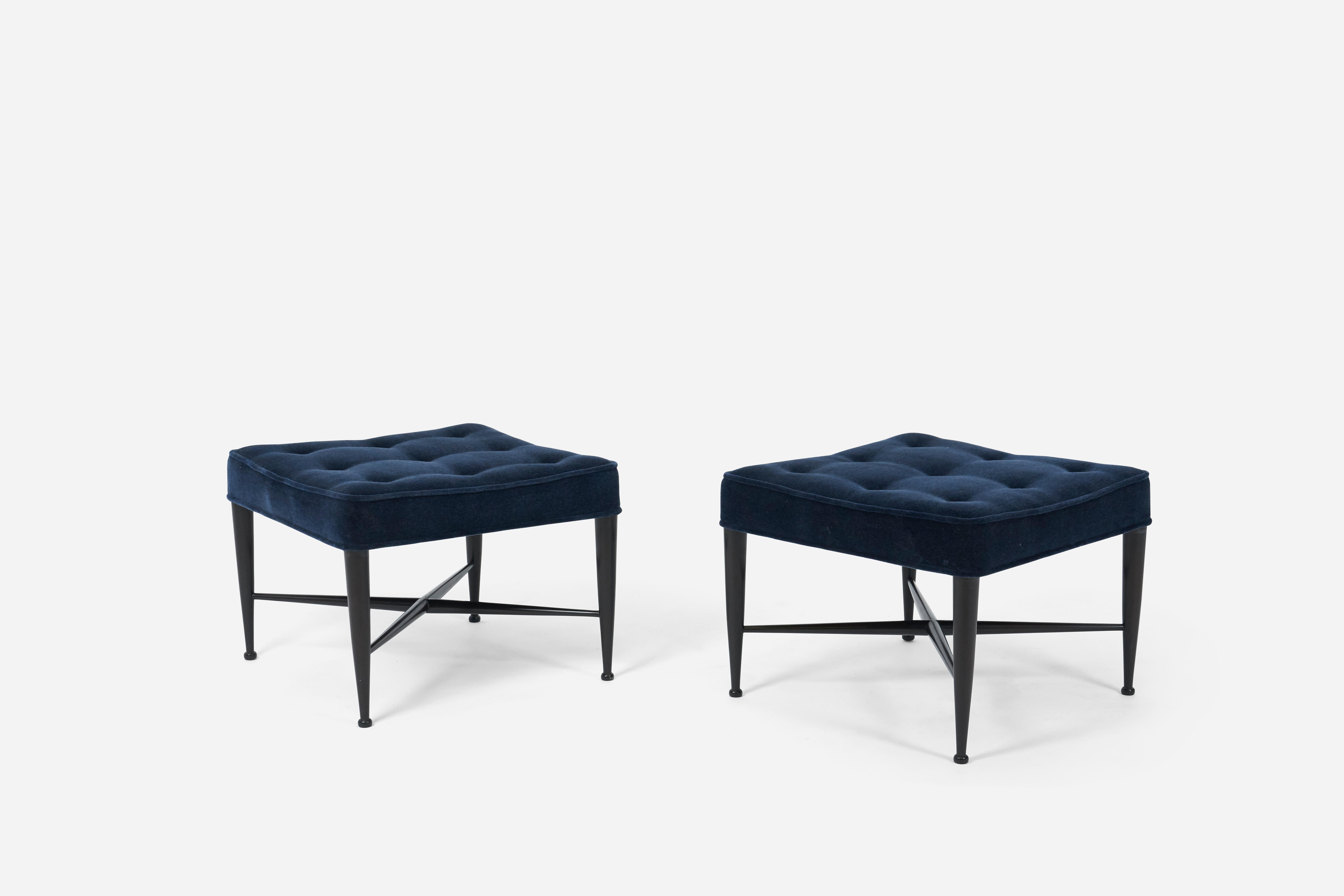 Pair of “Thebes” stools by Edward Wormley for Dunbar. Fully restored. Based refinished in Dunbar espresso tone over mahogany. New foam cushion reupholstered in blue velvet.


 
