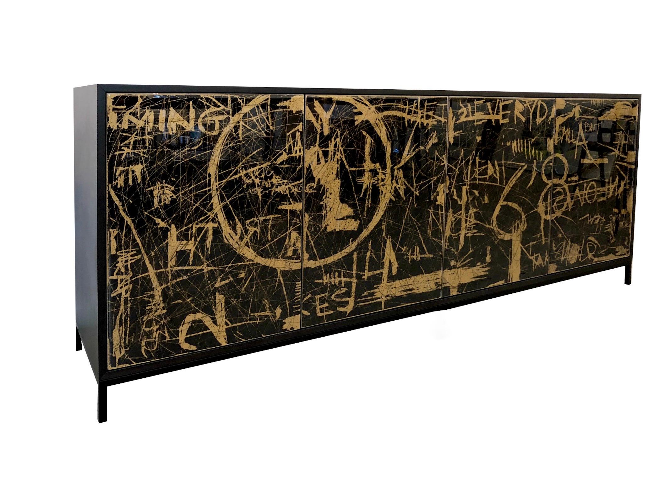 The Duncan Cabinet is design and finished in our Toronto studio, Morgan Clayhall

Based on the century old technique of Sgraffito, the artwork is created by using a double layer technique. The artist scratches by hand into the panel and seals the