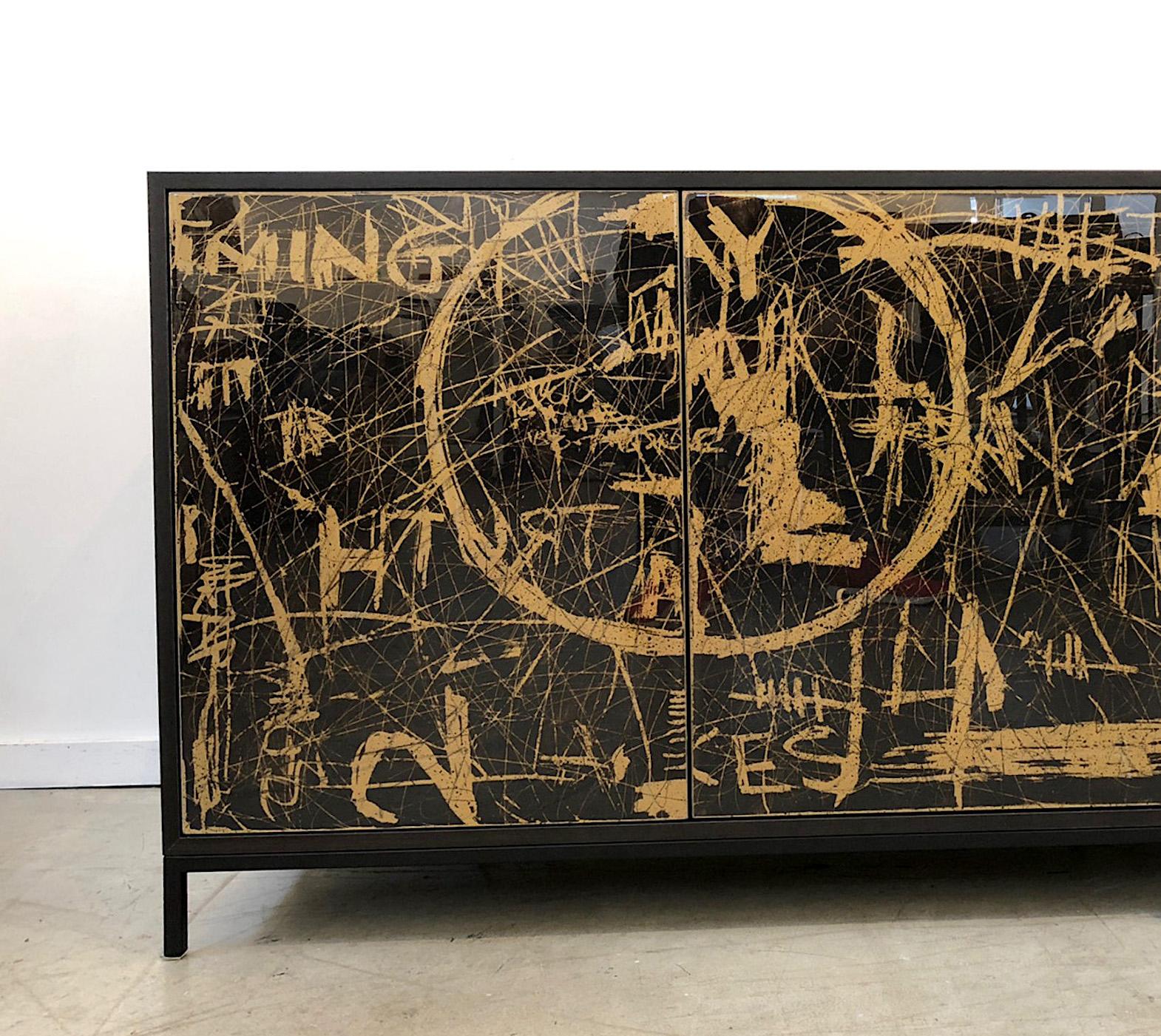 Modern Duncan Cabinet by Morgan Clayhall, mix media artwork on doors For Sale