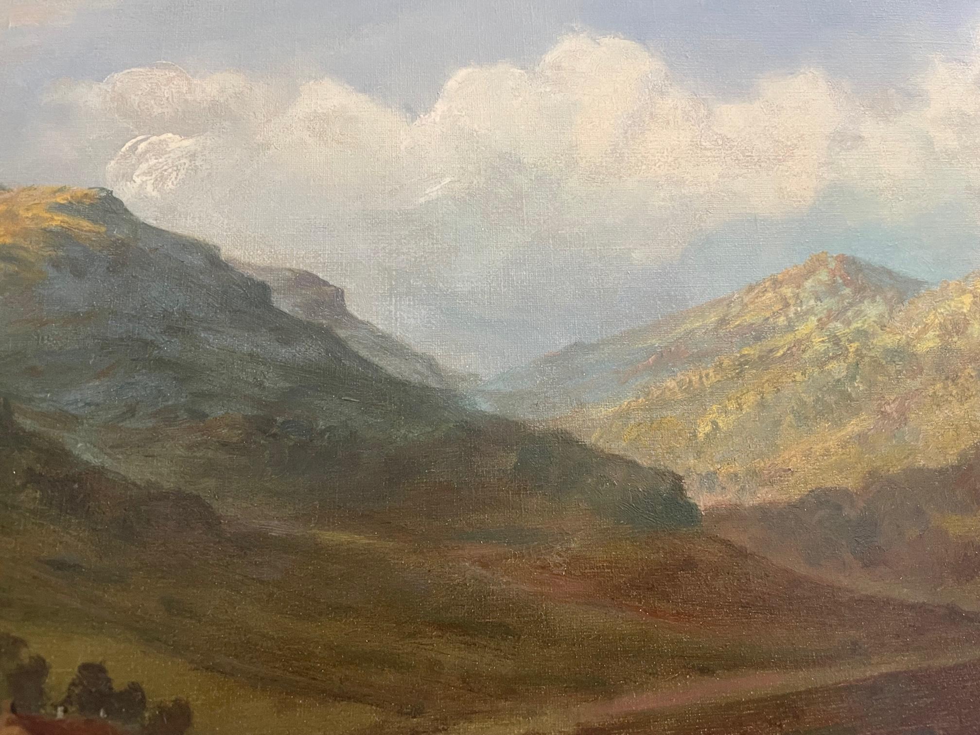 Highland Cattle Watering ist ein Landschafts-/Viehbild des schottischen Künstlers Douglas Cameron aus dem späten 19. und frühen 20. Es handelt sich um ein Ölgemälde auf Leinwand mit hochdekorativem vergoldetem Rahmen, vom Künstler in der linken Ecke