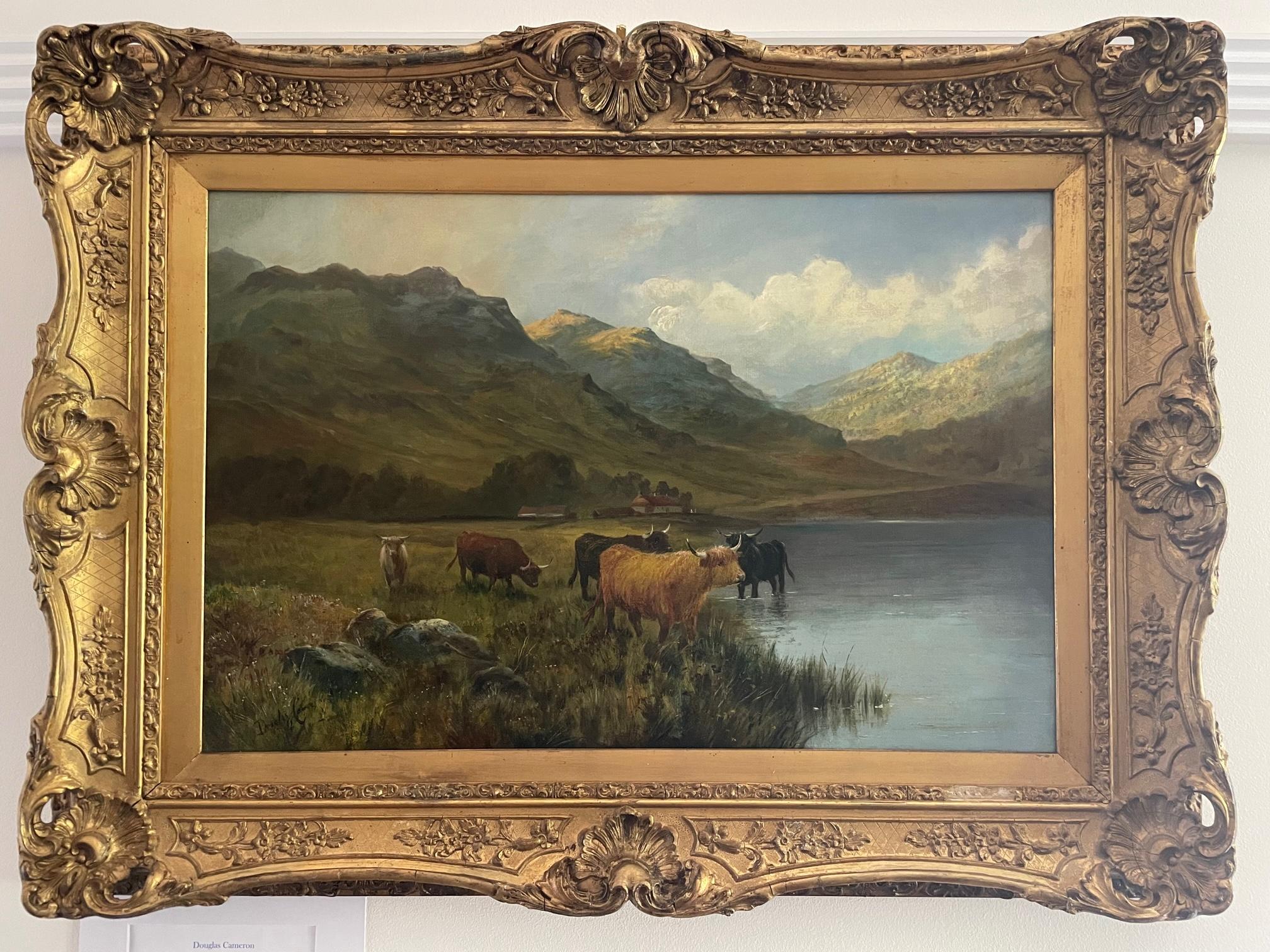 Douglas Cameron Landscape Painting - Highland Cattle Watering 