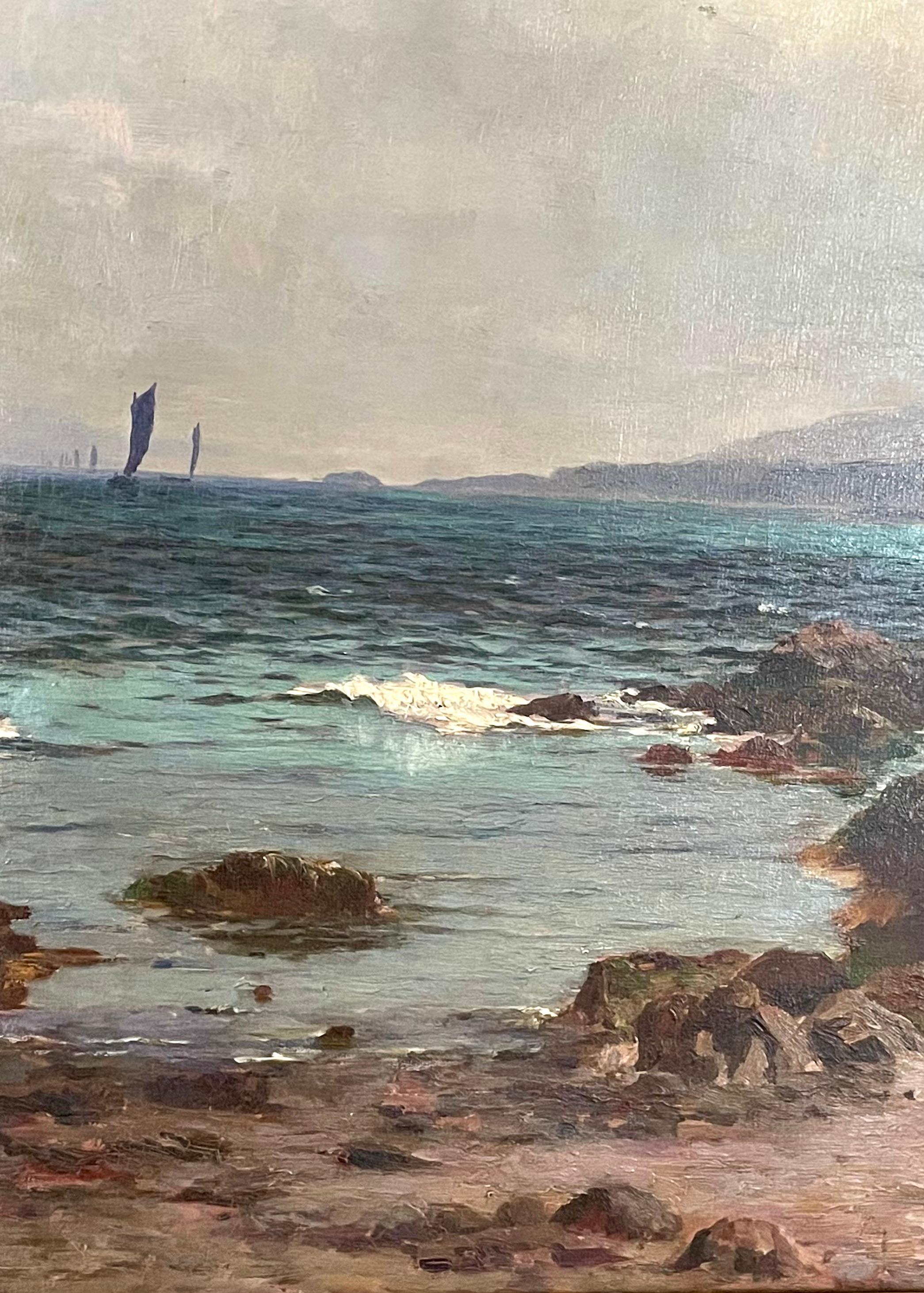 Dieses ausstellungsgroße Gemälde der Küste der Insel Iona des berühmten schottischen Künstlers Duncan Cameron (1837-1916) ist ein großes und weitläufiges Ölgemälde auf Leinwand aus dem 19. Dieses Werk, das für seine Landschaftsmalerei bekannt ist,