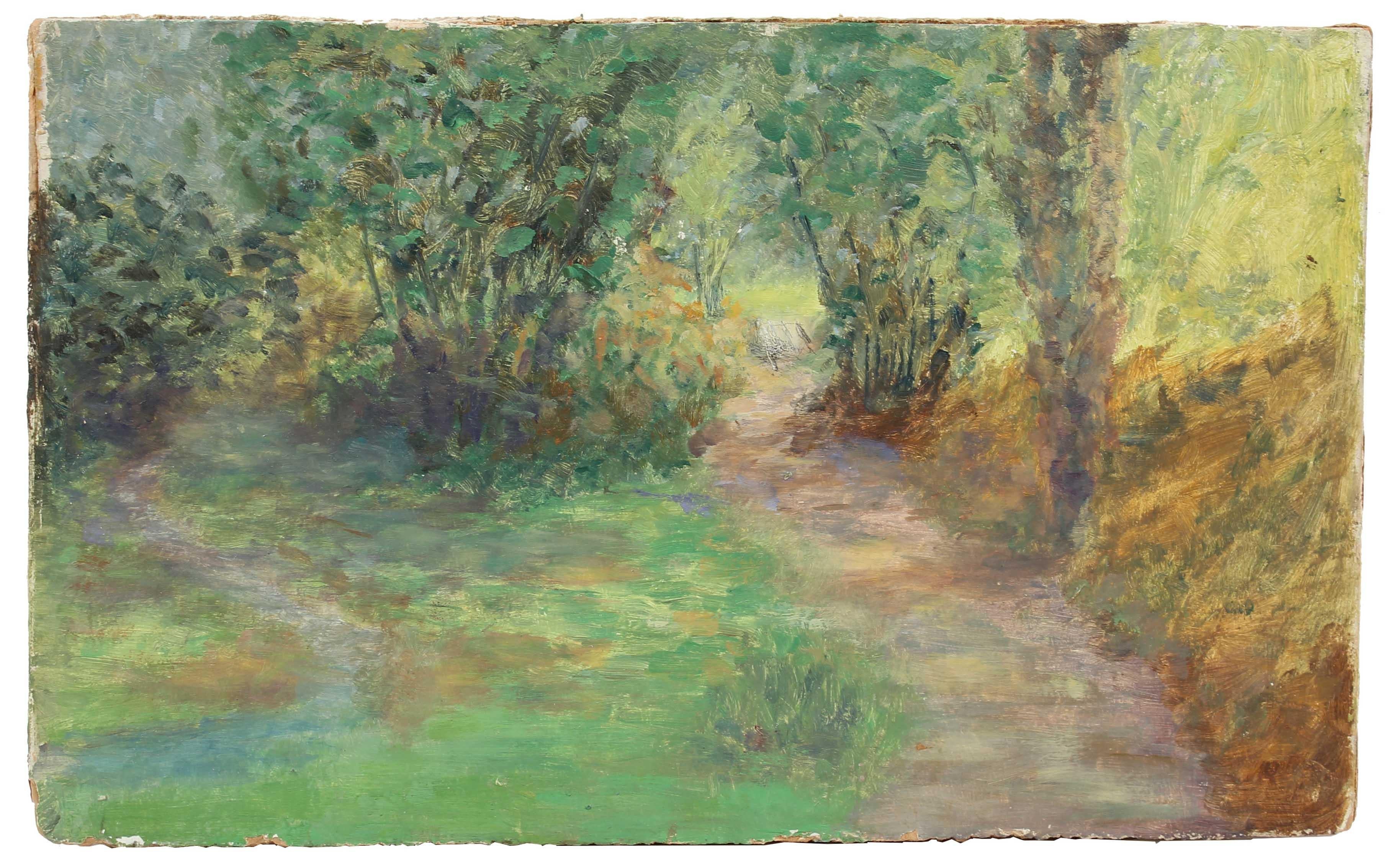 This circa 1900-1930s oil on paper board landscape with trees and a sunlit path is by Scottish-American artist Duncan Davidson (1876-1947).  Davidson studied at Gray’s School of Art in Scotland, Colarossi Academy in Paris, and the Slade School of