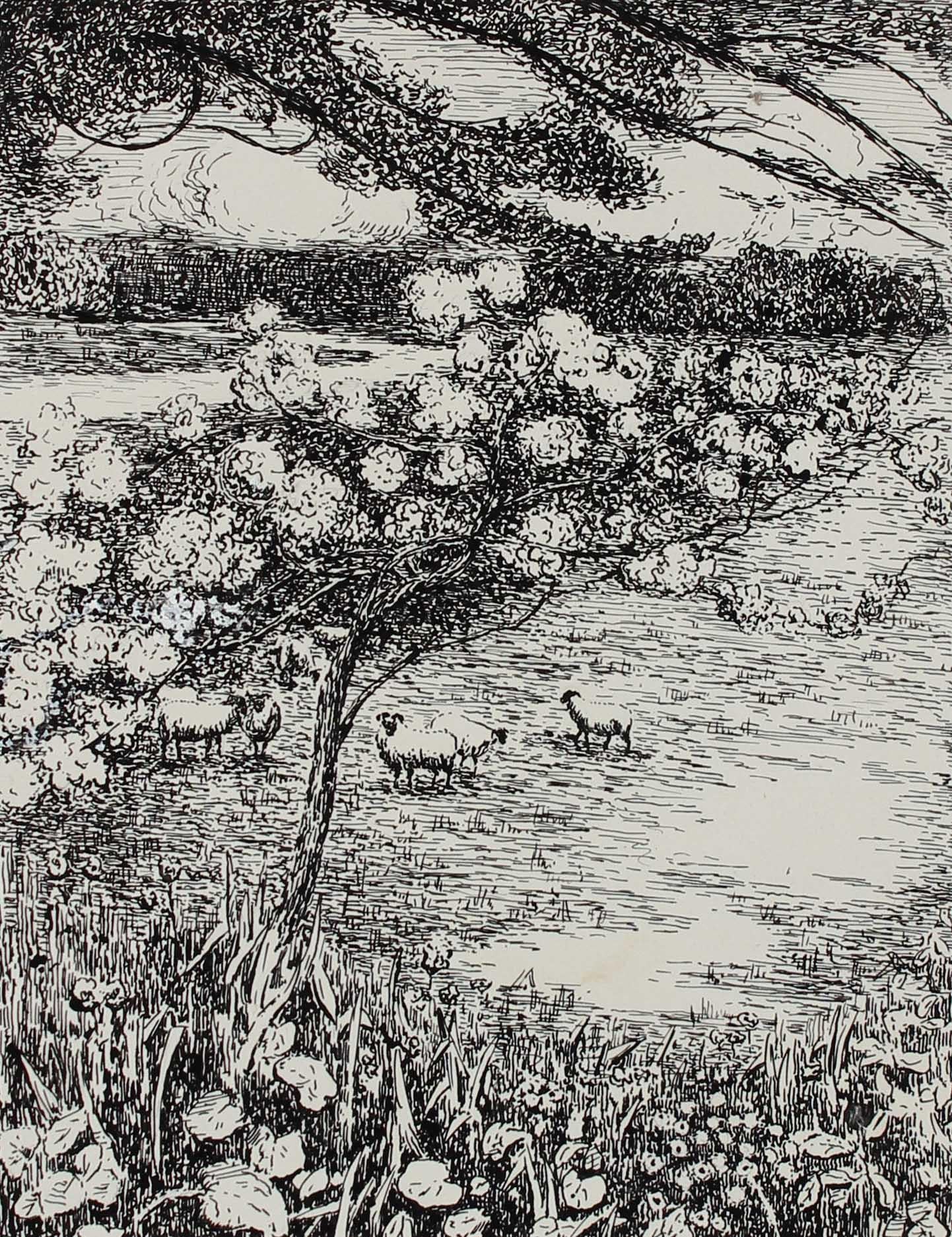 Duncan Davidson Landscape Painting - Monochromatic Impressionist Landscape with Sheep and Trees in Ink, 1932