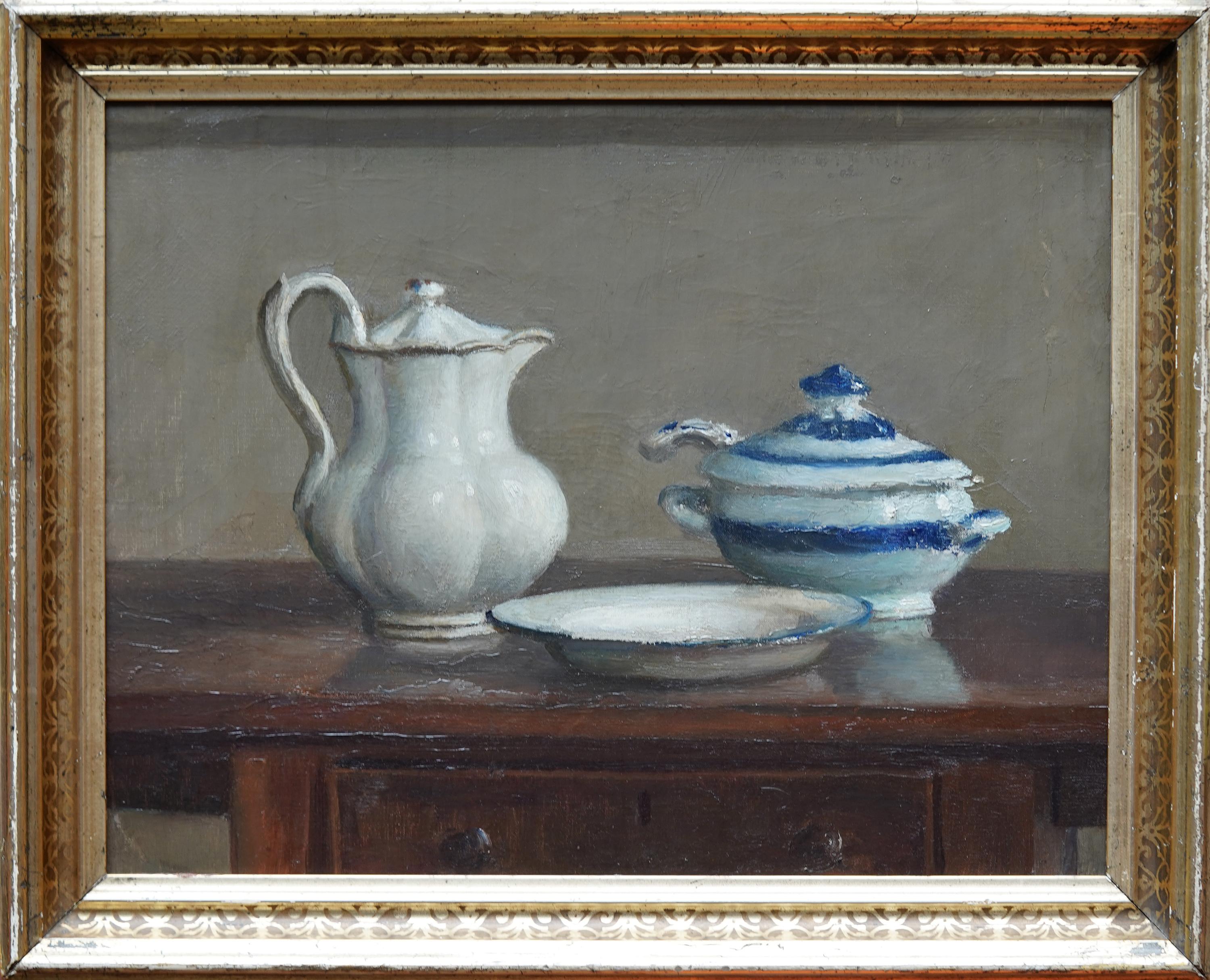Still Life of a Coffee Pot, Tureen and Dish - British art 1915 oil painting For Sale 6