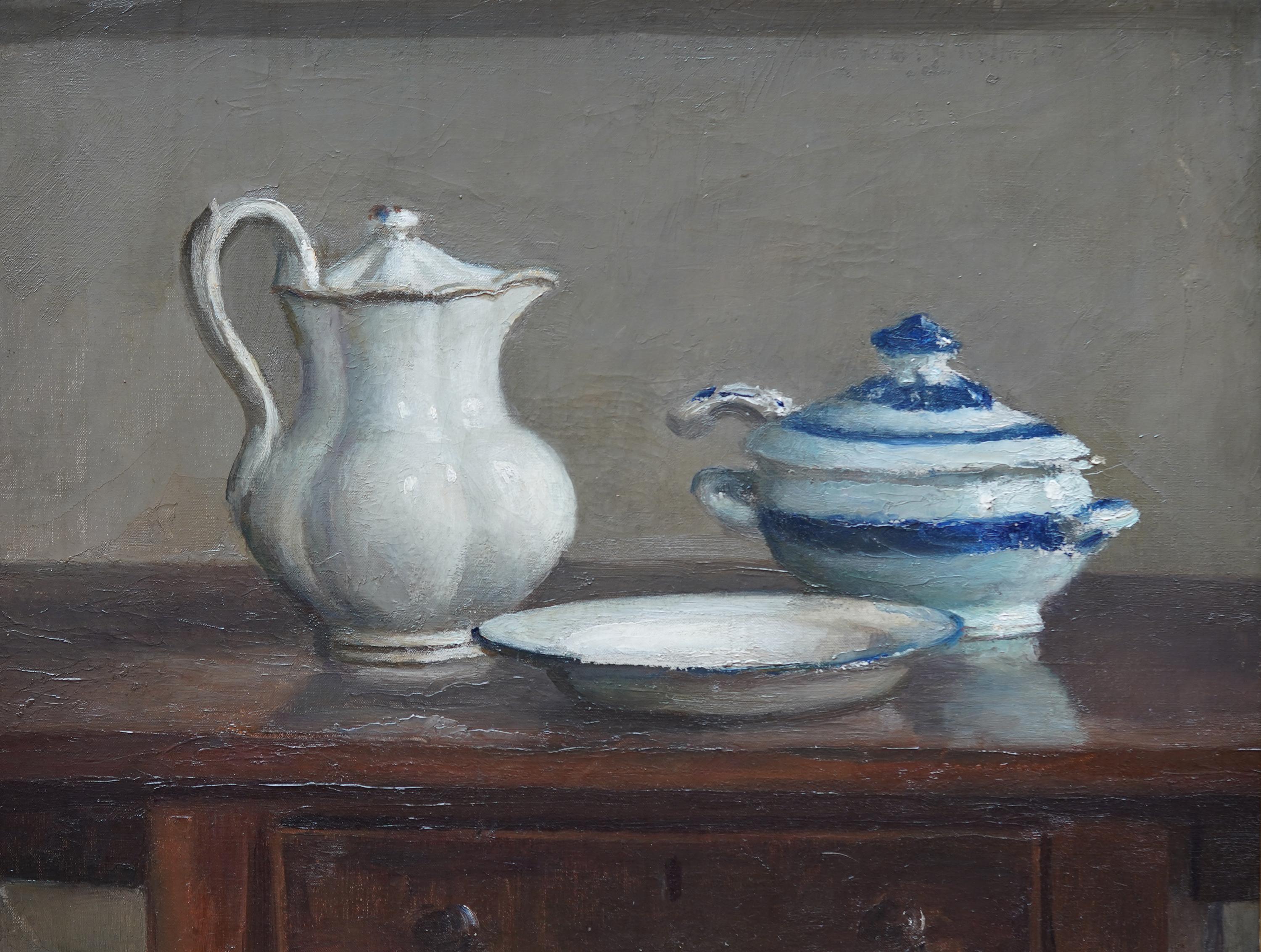 Still Life of a Coffee Pot, Tureen and Dish - British art 1915 oil painting - Painting by Duncan Grant