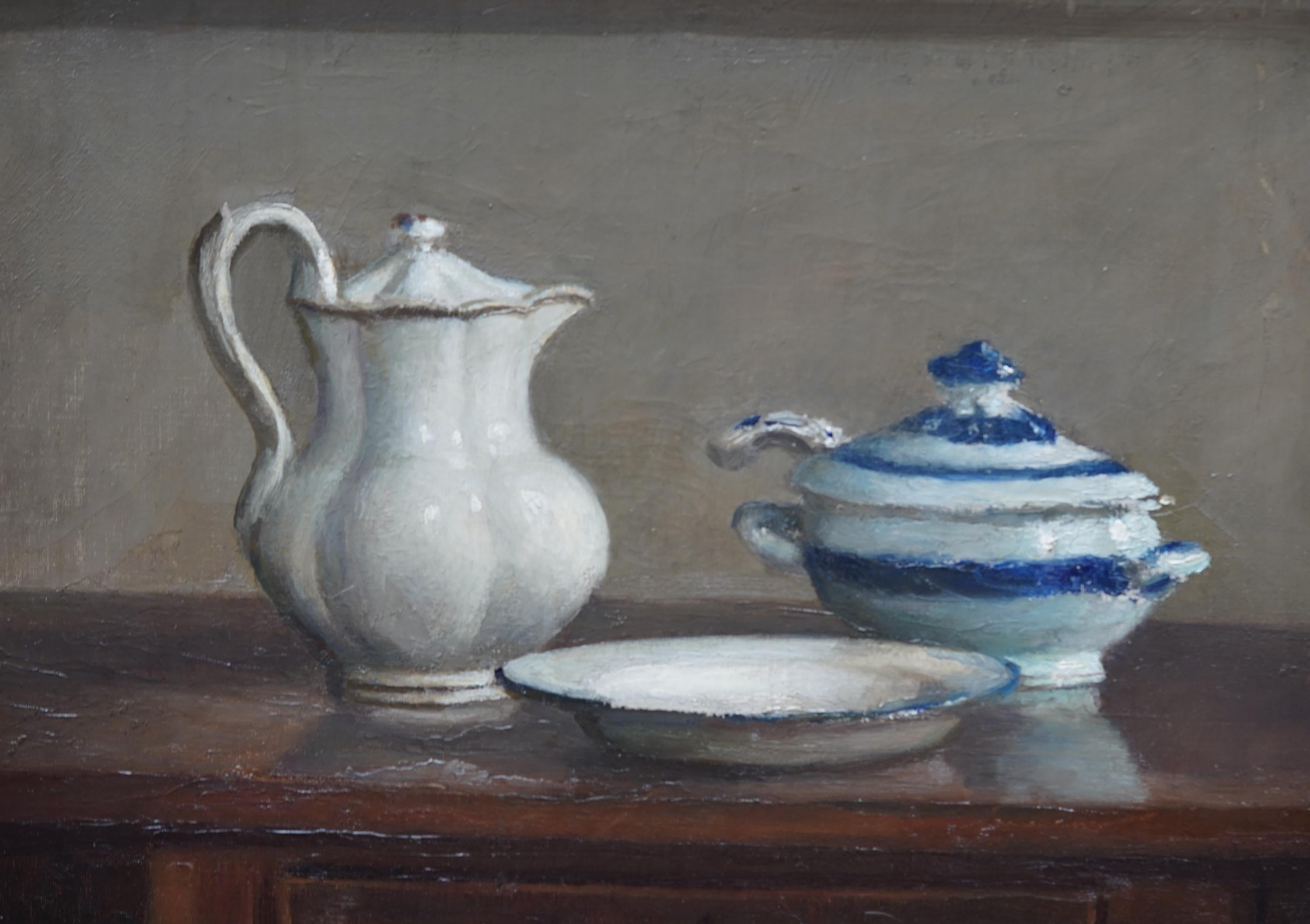 Still Life of a Coffee Pot, Tureen and Dish - British art 1915 oil painting - Realist Painting by Duncan Grant