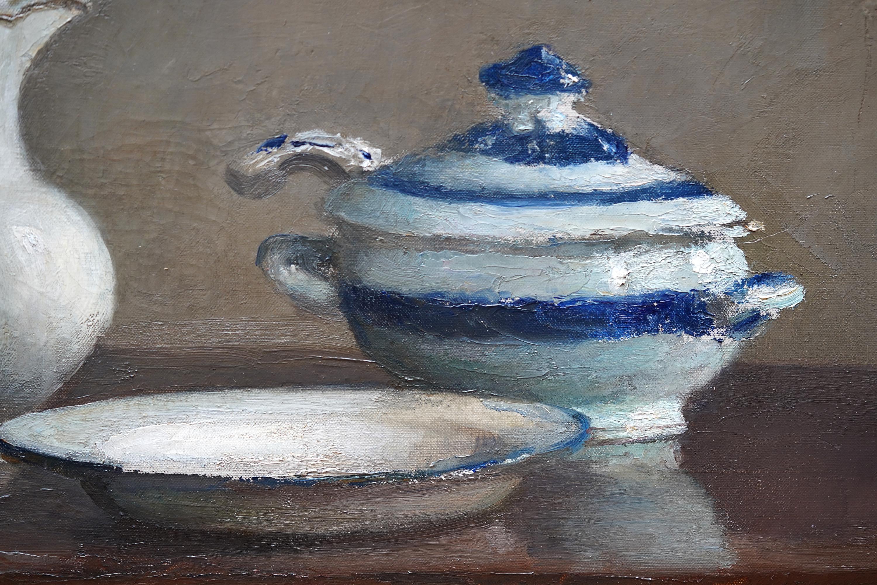 Still Life of a Coffee Pot, Tureen and Dish - British art 1915 oil painting For Sale 1
