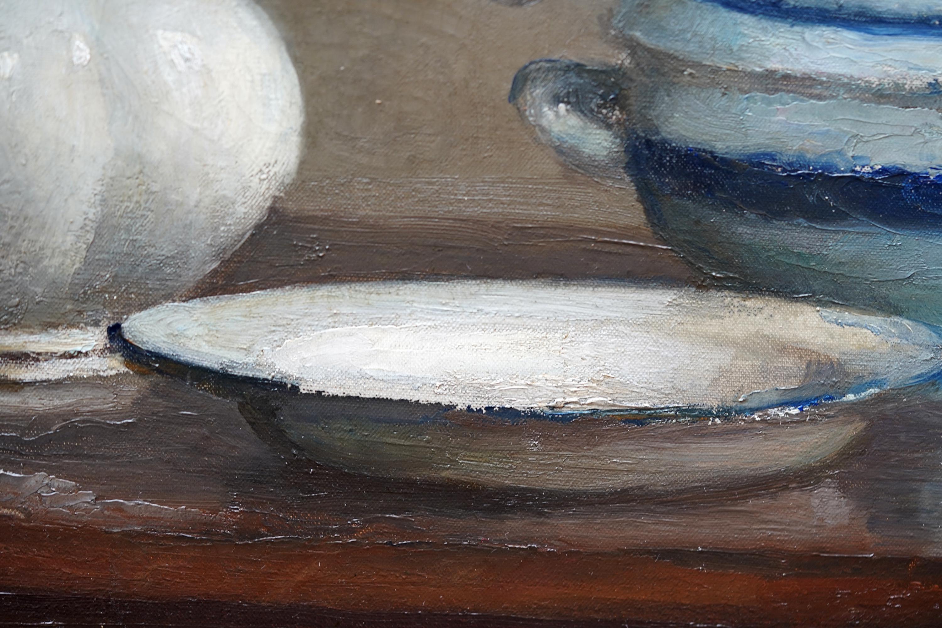 Still Life of a Coffee Pot, Tureen and Dish - British art 1915 oil painting For Sale 3