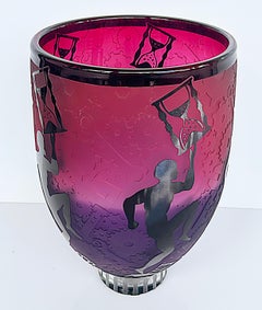 Duncan McClellan Etched Overlay Art Glass Cameo Vase, circa 2005, Artist Signed