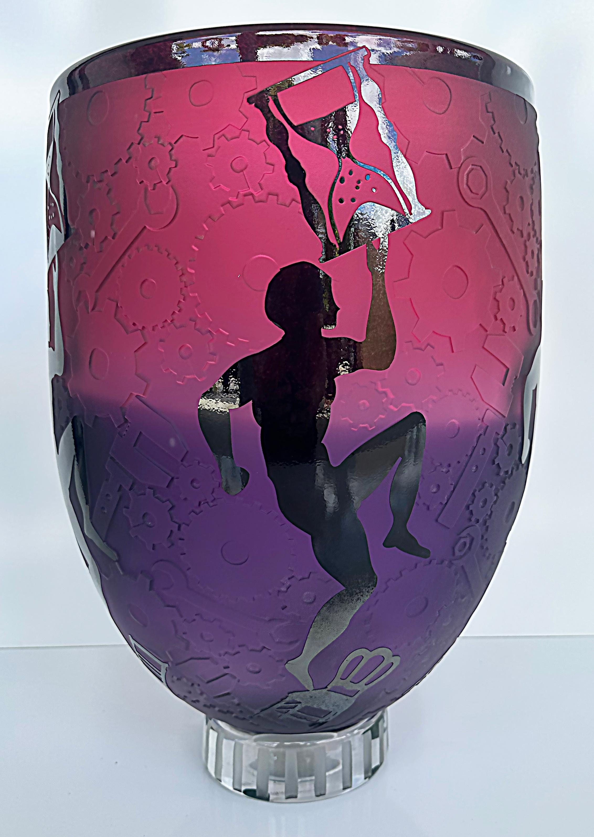 Modern Duncan McClellan Etched Overlay Art Glass Cameo Vase, circa 2005, Artist Signed For Sale