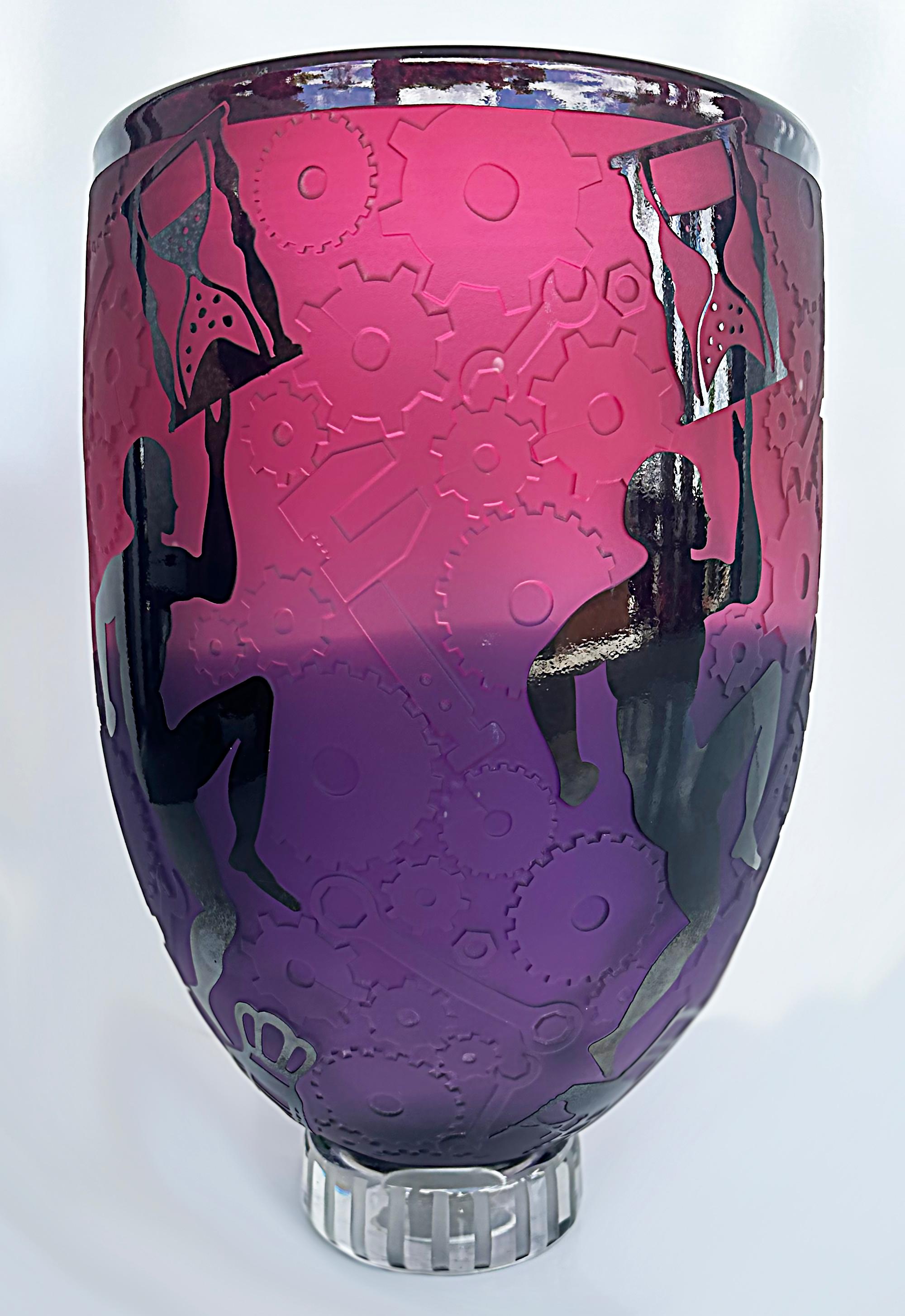 American Duncan McClellan Etched Overlay Art Glass Cameo Vase, circa 2005, Artist Signed For Sale