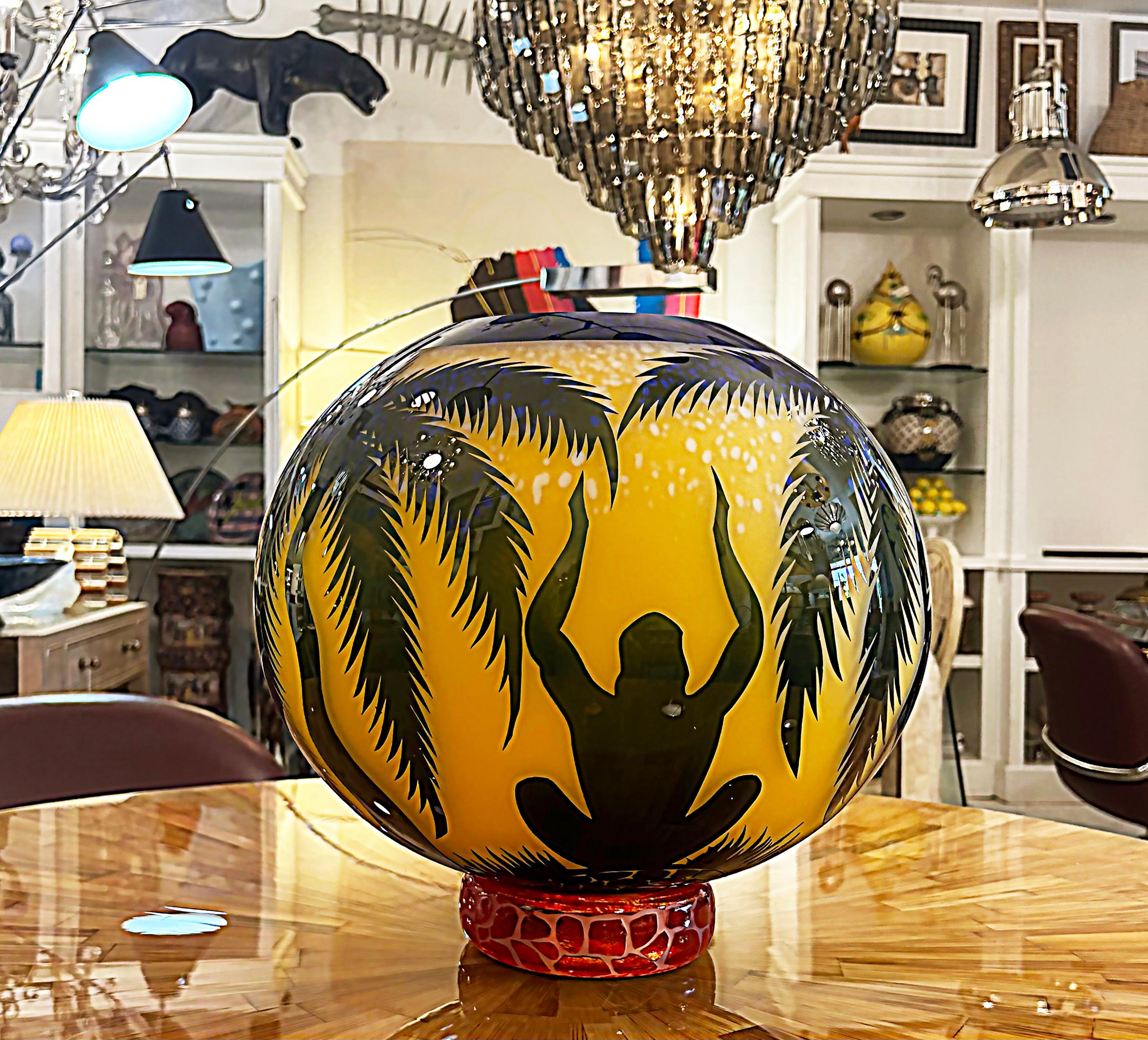 Duncan McClellan Figurative Acid-Etched Art Glass Vase, Palm Tree For Sale 8