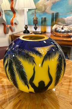 Duncan McClellan Figurative Acid-Etched Art Glass Vase, Palm Tree