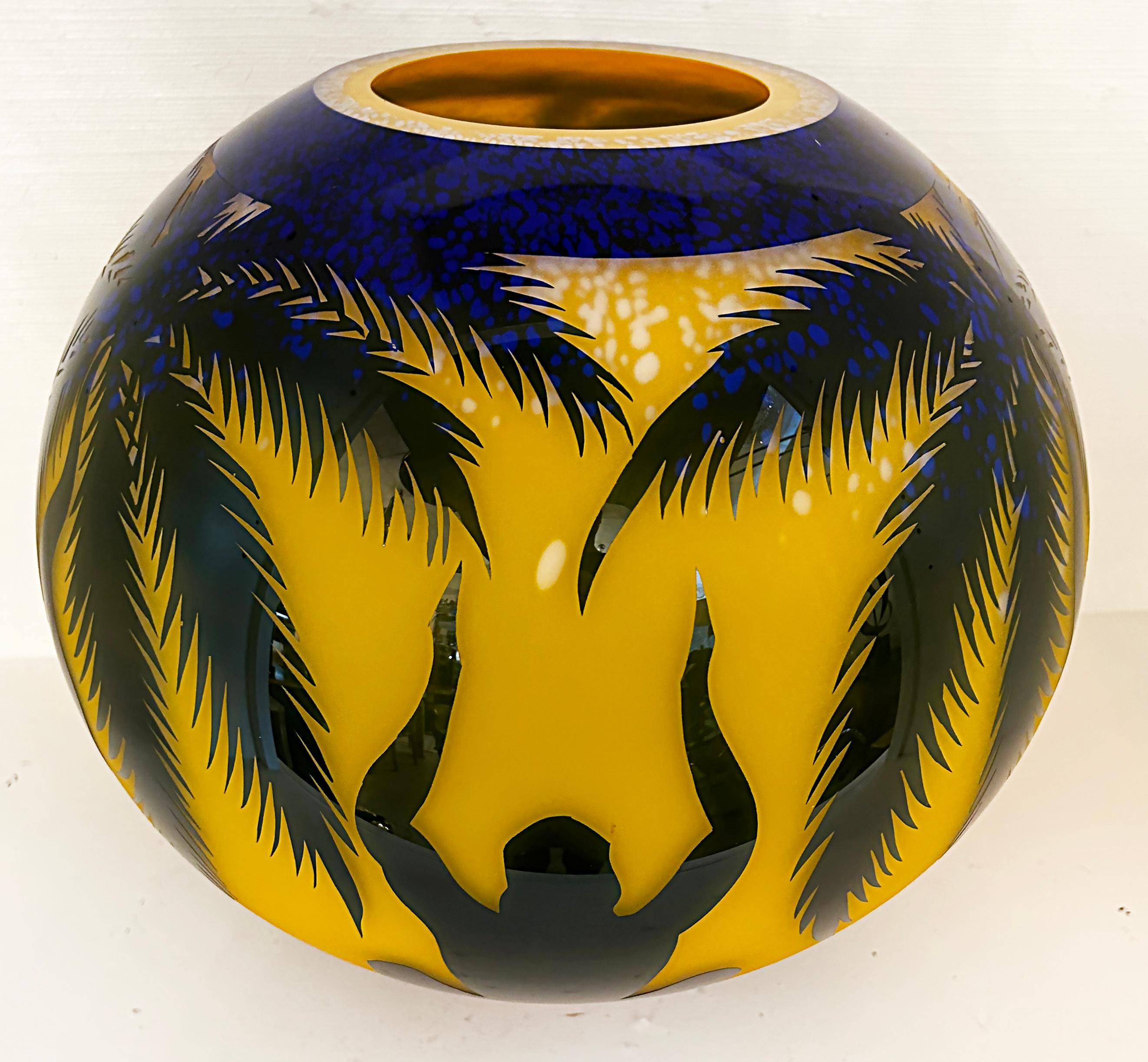 Duncan McClellan Figurative Acid-Etched Art Glass Vase, Palm Tree For Sale 1