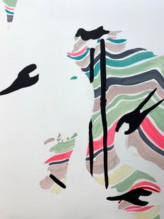 Crane Field- Abstract, Acrylic Paint, Panel, Birds, Pink, Yellow, Green, Black