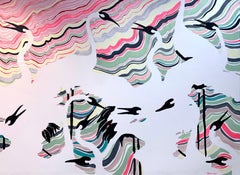 Crane Field- Abstract, Acrylic Paint, Panel, Birds, Pink, Yellow, Green, Black