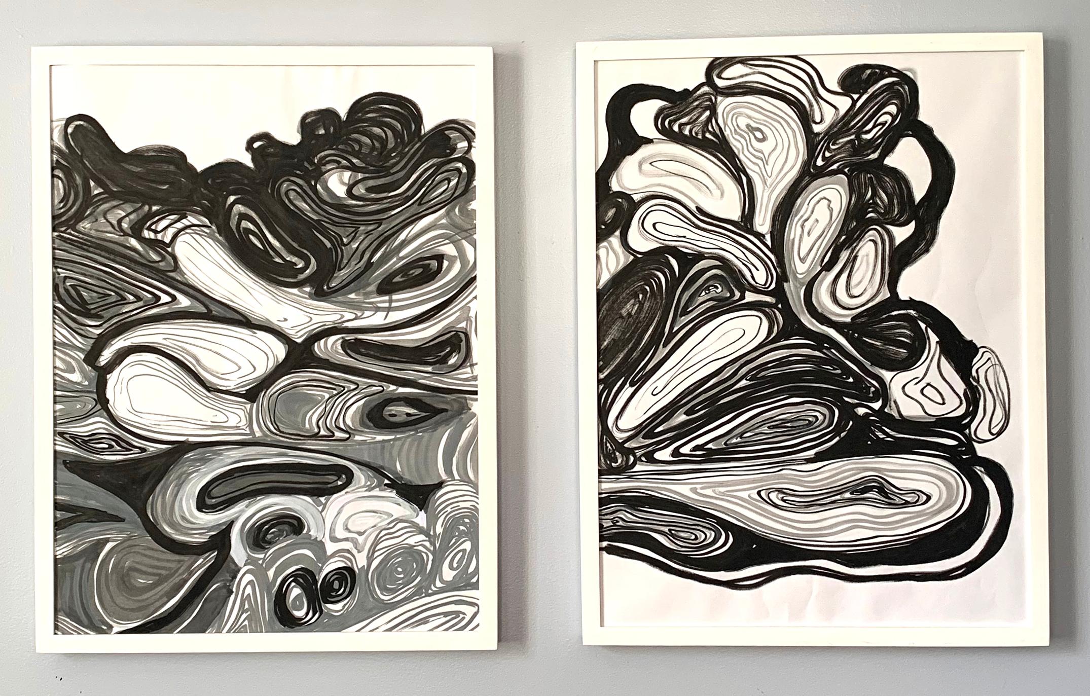 Duncan McDaniel Abstract Painting - MonoSlice 1 & 2- Acrylic Paint, Paper, Abstract, Black, Gray, Swirls, Circles