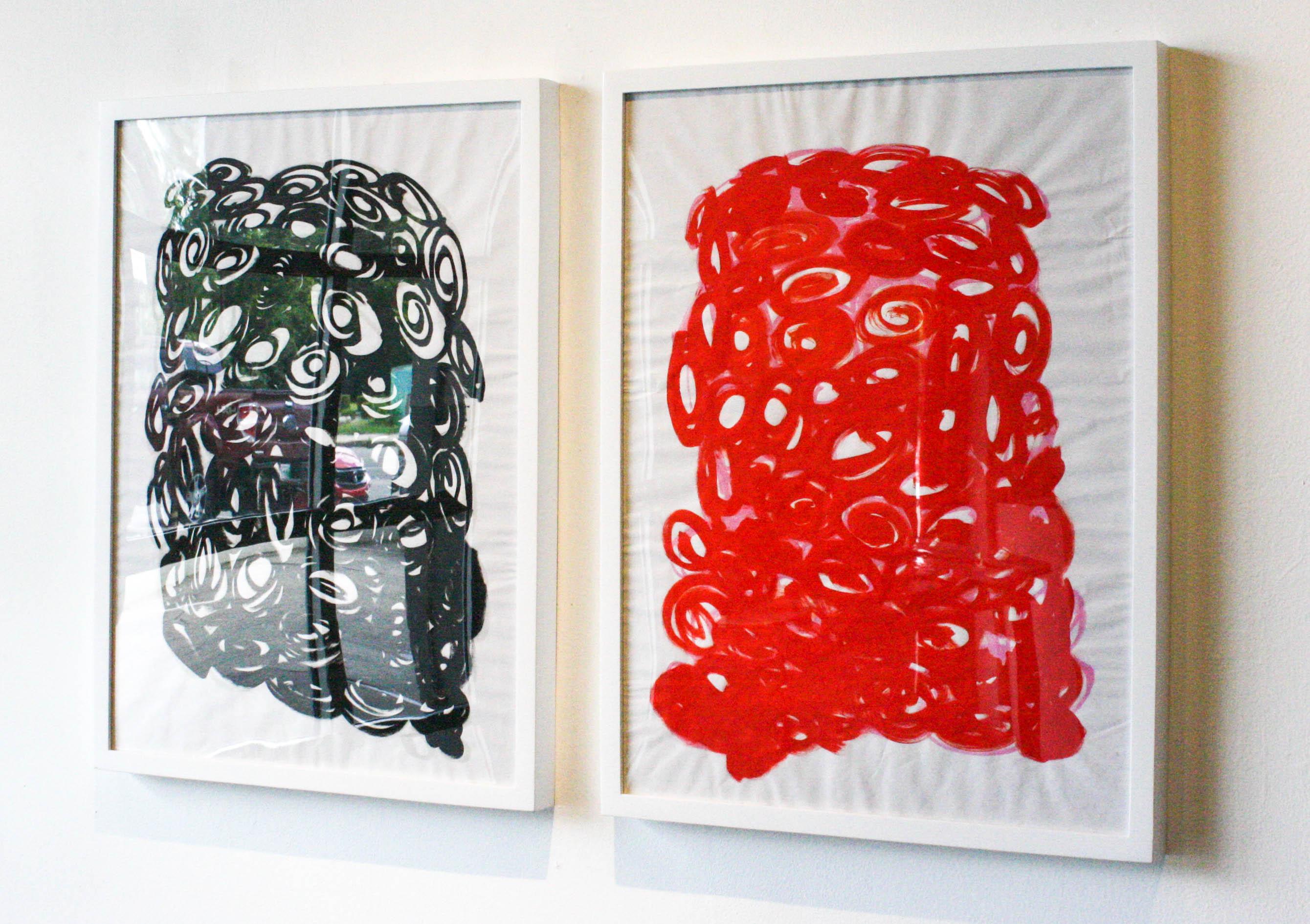 Untitled Diptych- Abstract, Acrylic Paint, Paper, Red, Black, Spirals, Circles - Painting by Duncan McDaniel