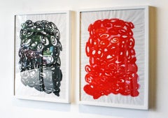 Untitled Diptych- Abstract, Acrylic Paint, Paper, Red, Black, Spirals, Circles