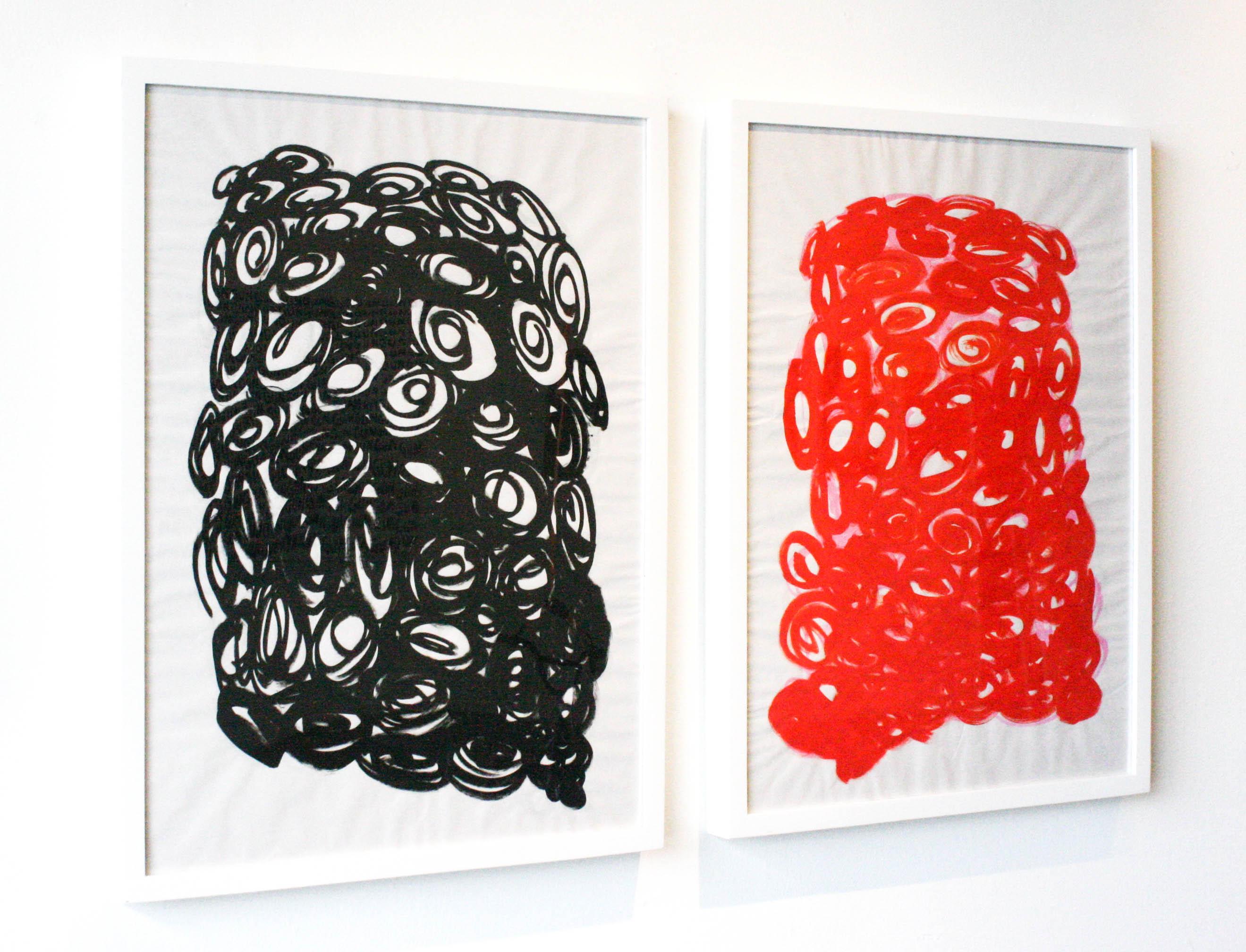 Untitled Diptych- Abstract, Acrylic Paint, Paper, Red, Black, Spirals, Circles - Contemporary Painting by Duncan McDaniel