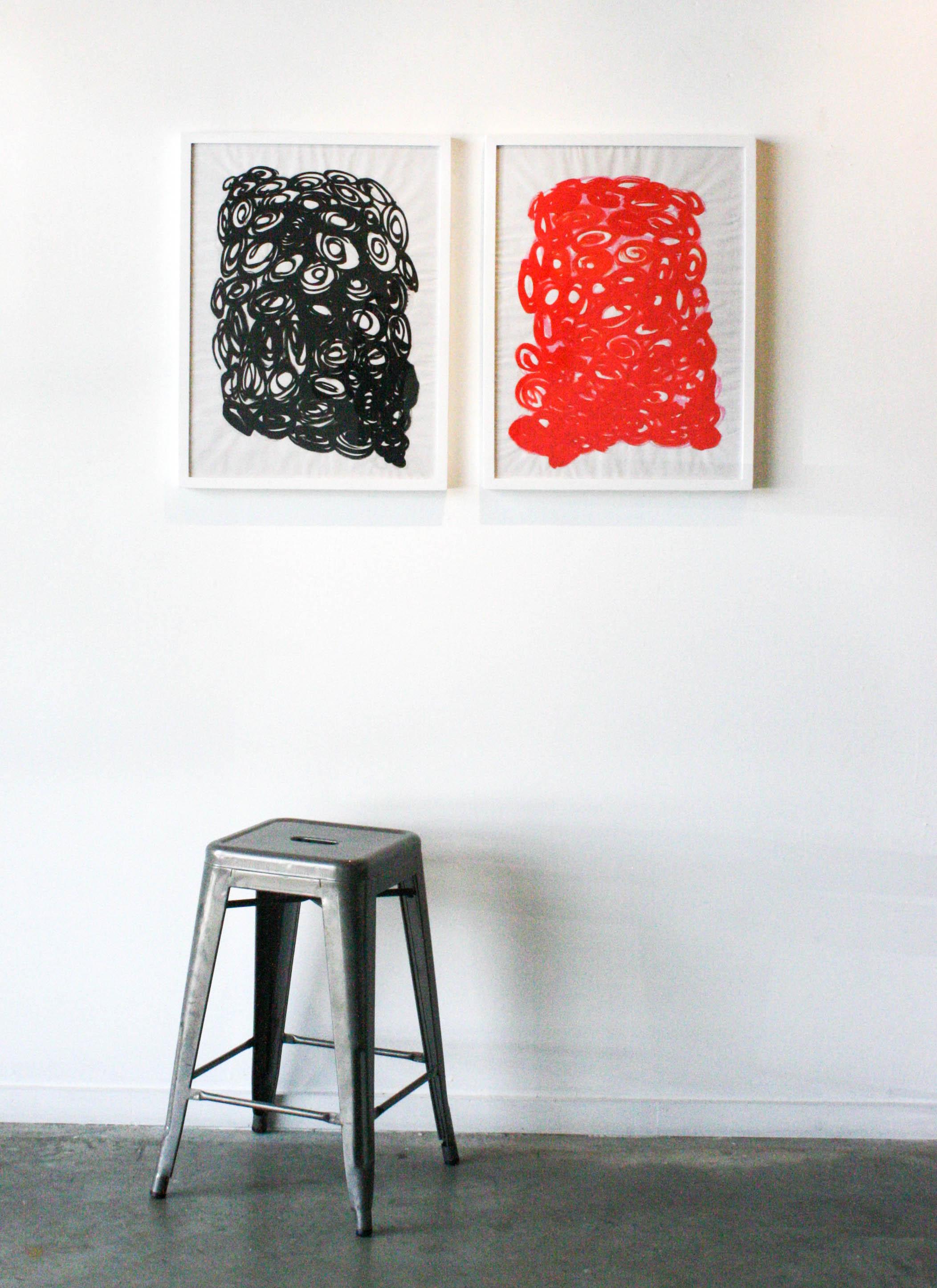 Untitled Diptych- Abstract, Acrylic Paint, Paper, Red, Black, Spirals, Circles - Gray Abstract Painting by Duncan McDaniel